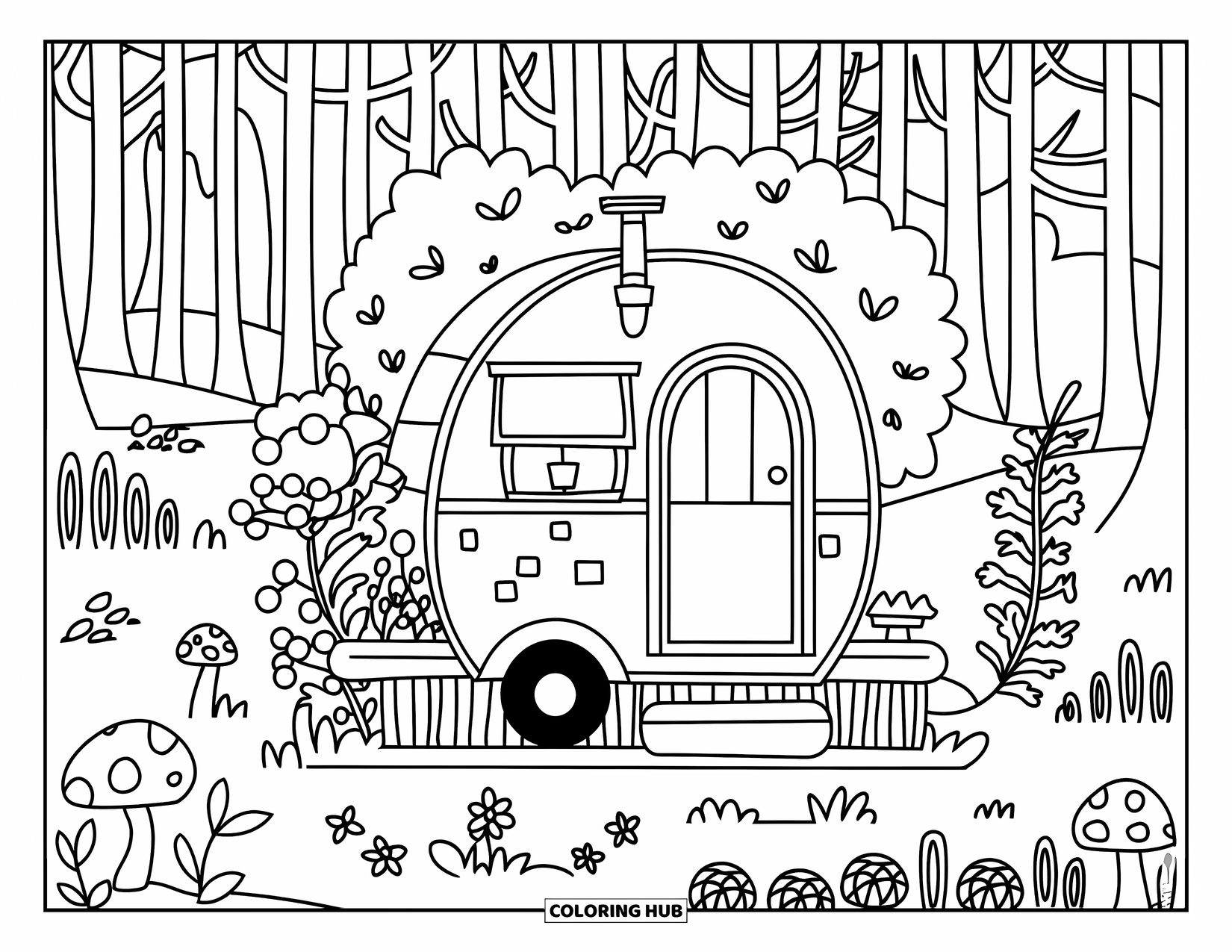 Camper Coloring Page for Kids: A camper with a chimney sits quietly in a flower-filled forest
