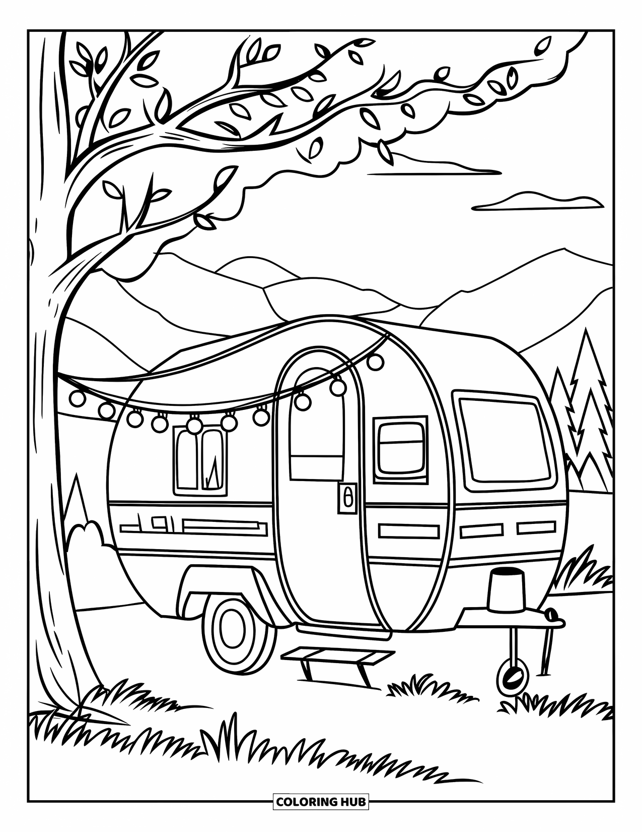 Camper Coloring Page for Kids: A camper with a porch and string lights rests by trees and mountains