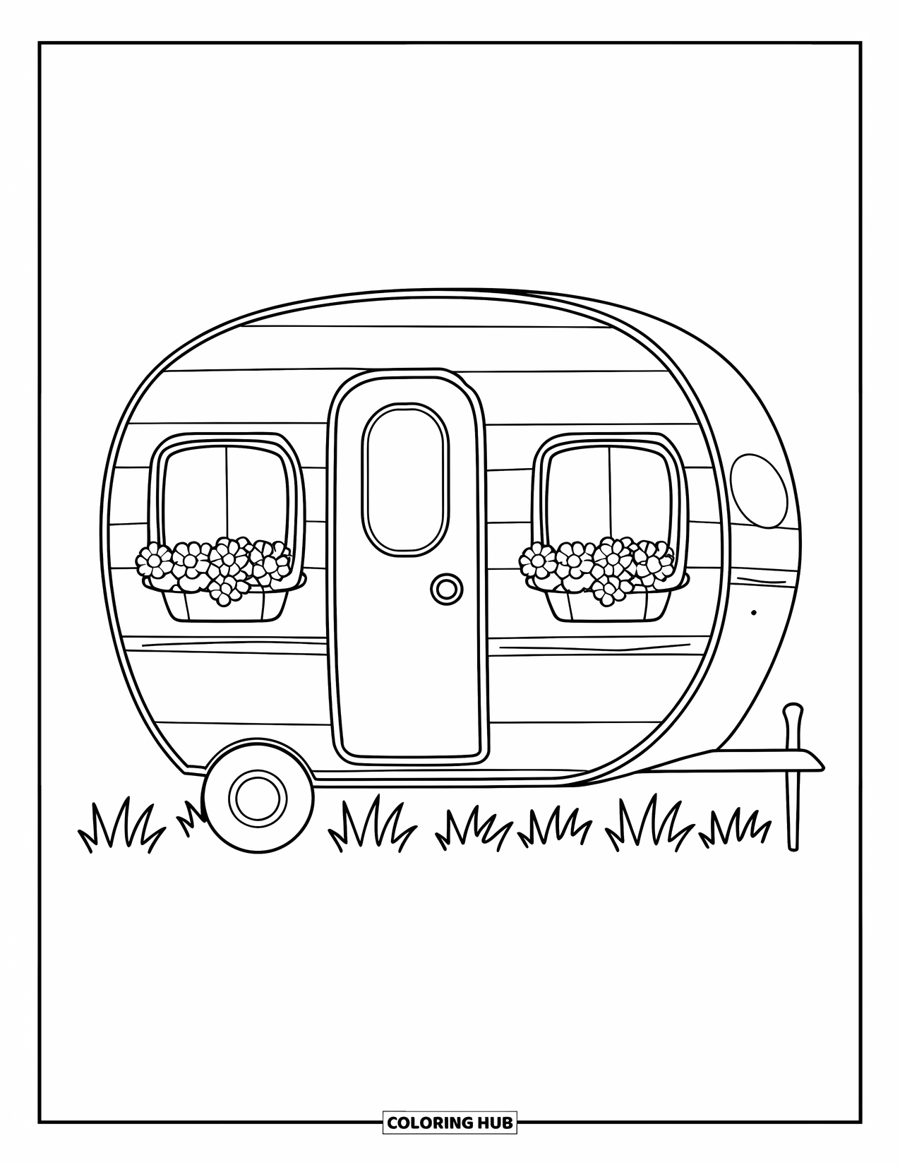 Camper Coloring Page for Kids: A camper with a rounded roof and flower pots rests on green grass