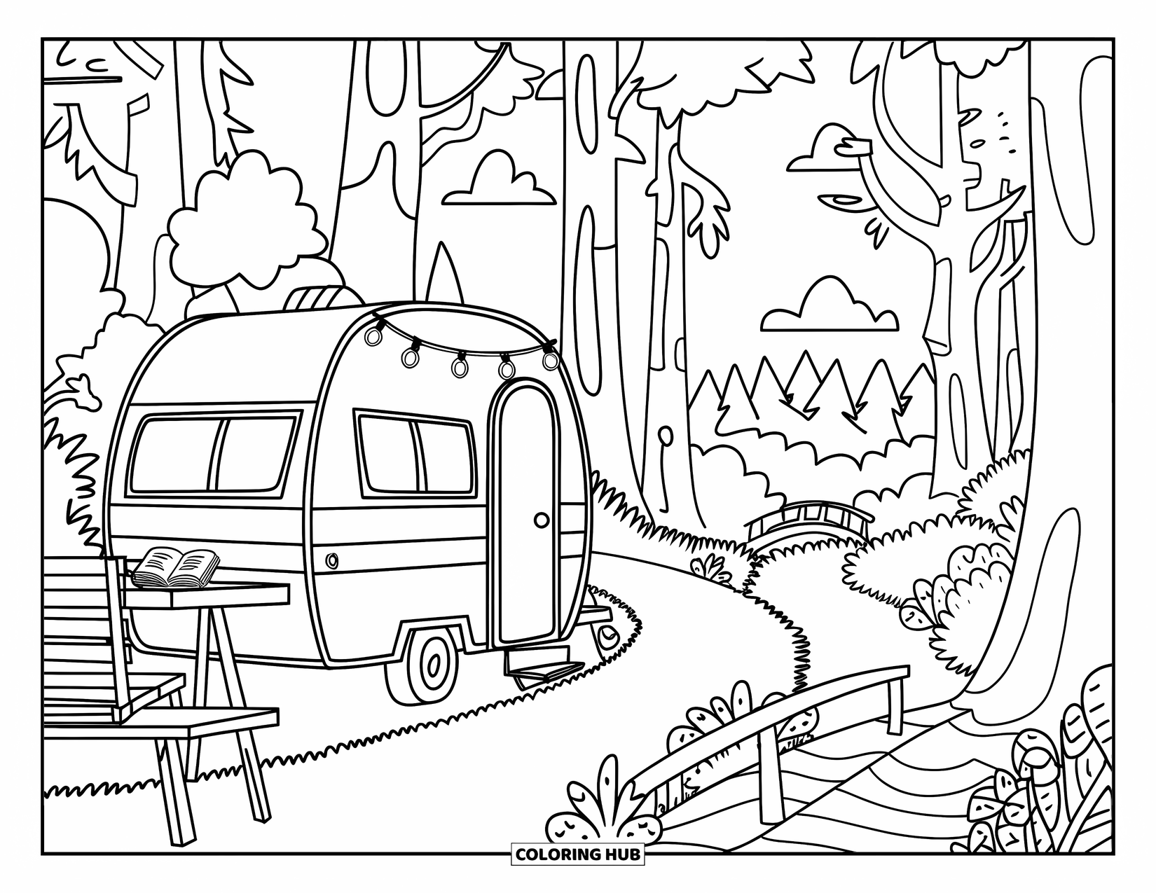 Camper Coloring Page for Kids: A cozy camper sits near a trail and stream with leaves on the ground