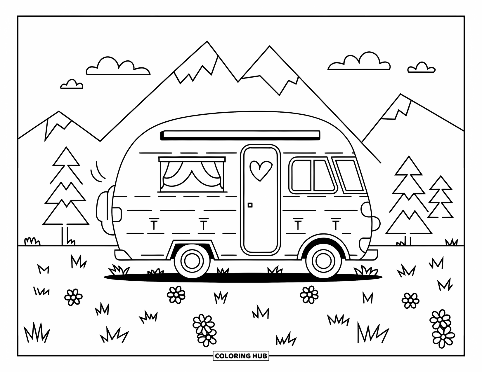 Camper Coloring Page for Kids: A cozy camper van sits beside a quiet grassy mountain view