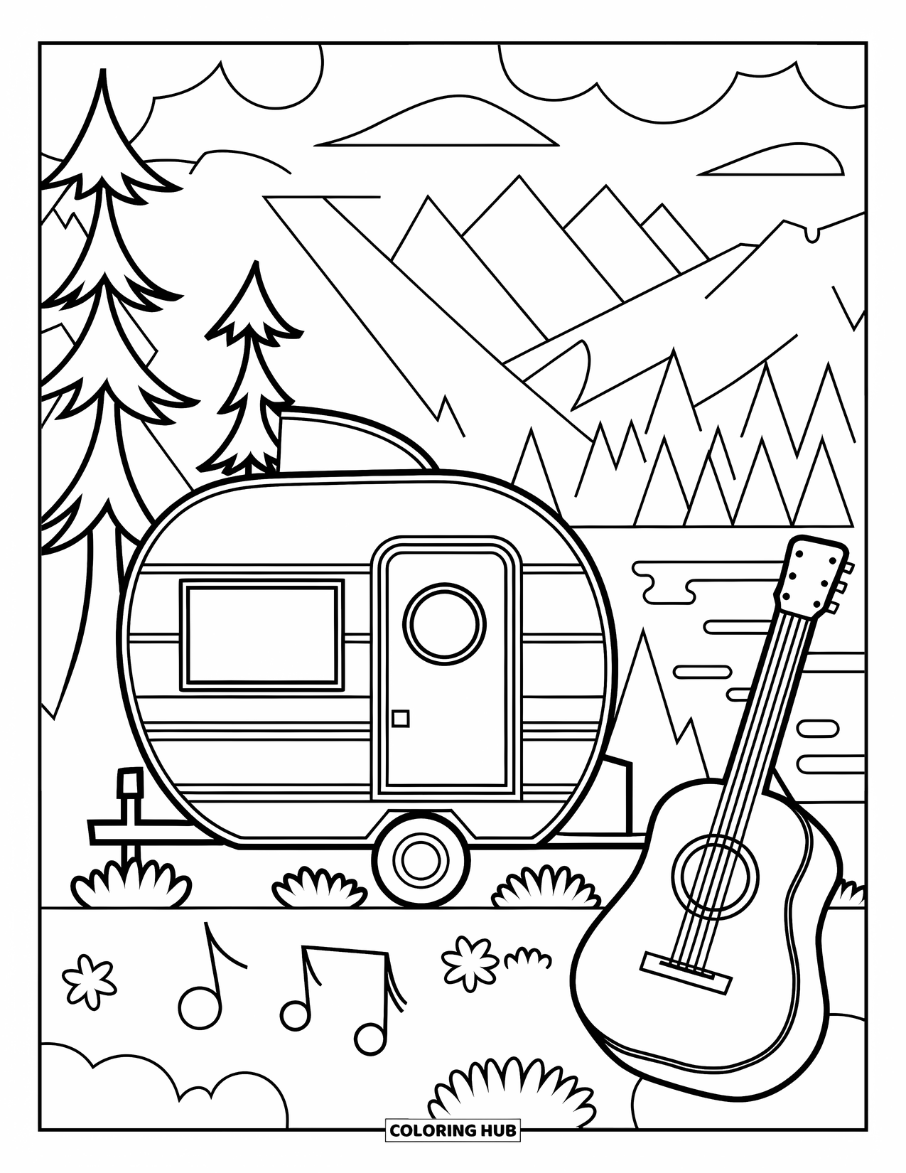 Camper Coloring Page for Kids: A cozy trailer and guitar rest quietly by trees and water