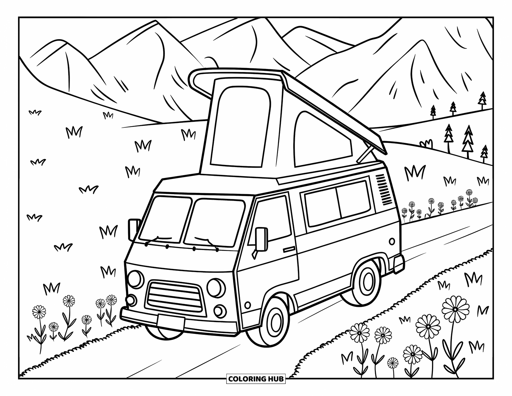 Camper Coloring Page for Kids: A pop-up camper van rests near mountains and scattered wildflowers