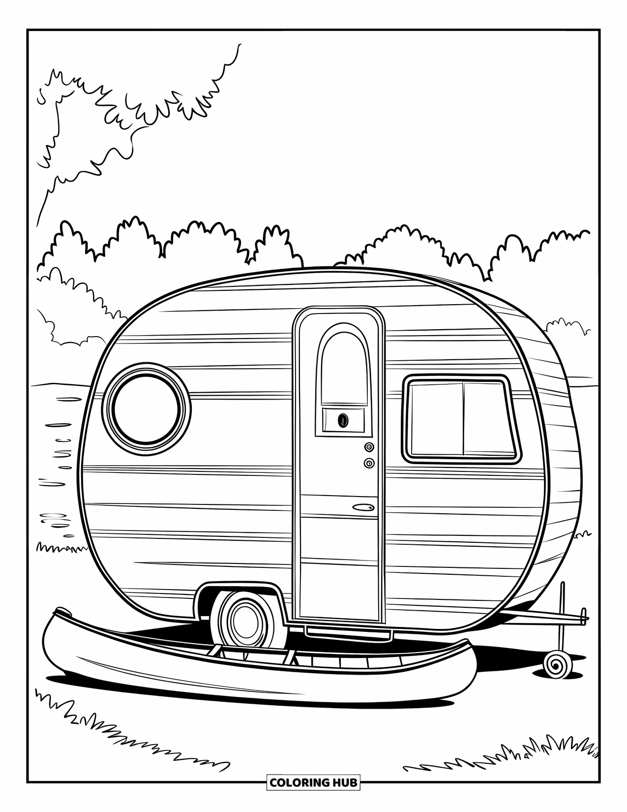 Camper Coloring Page for Kids: A retro camper with a canoe rests quietly in a wooded spot