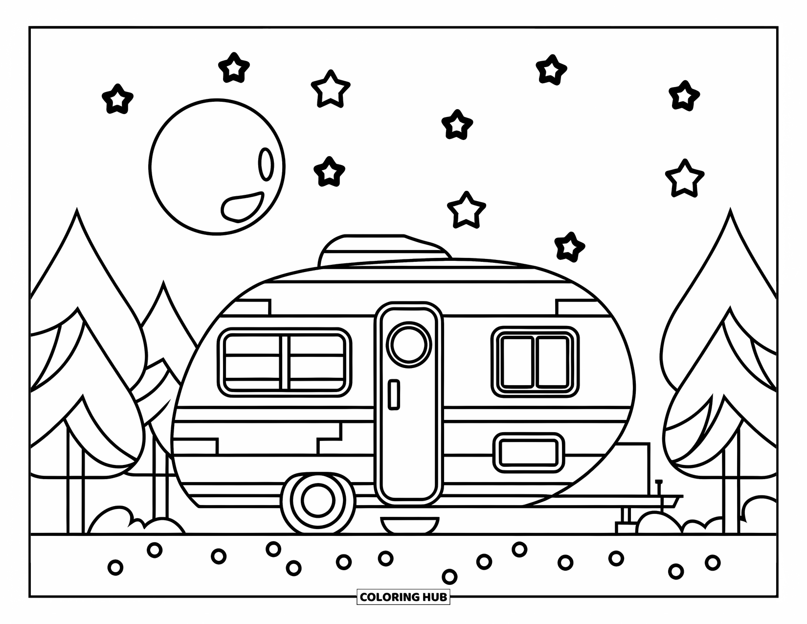 Camper Coloring Page for Kids: A round camper sits under a starry sky with small scattered shapes