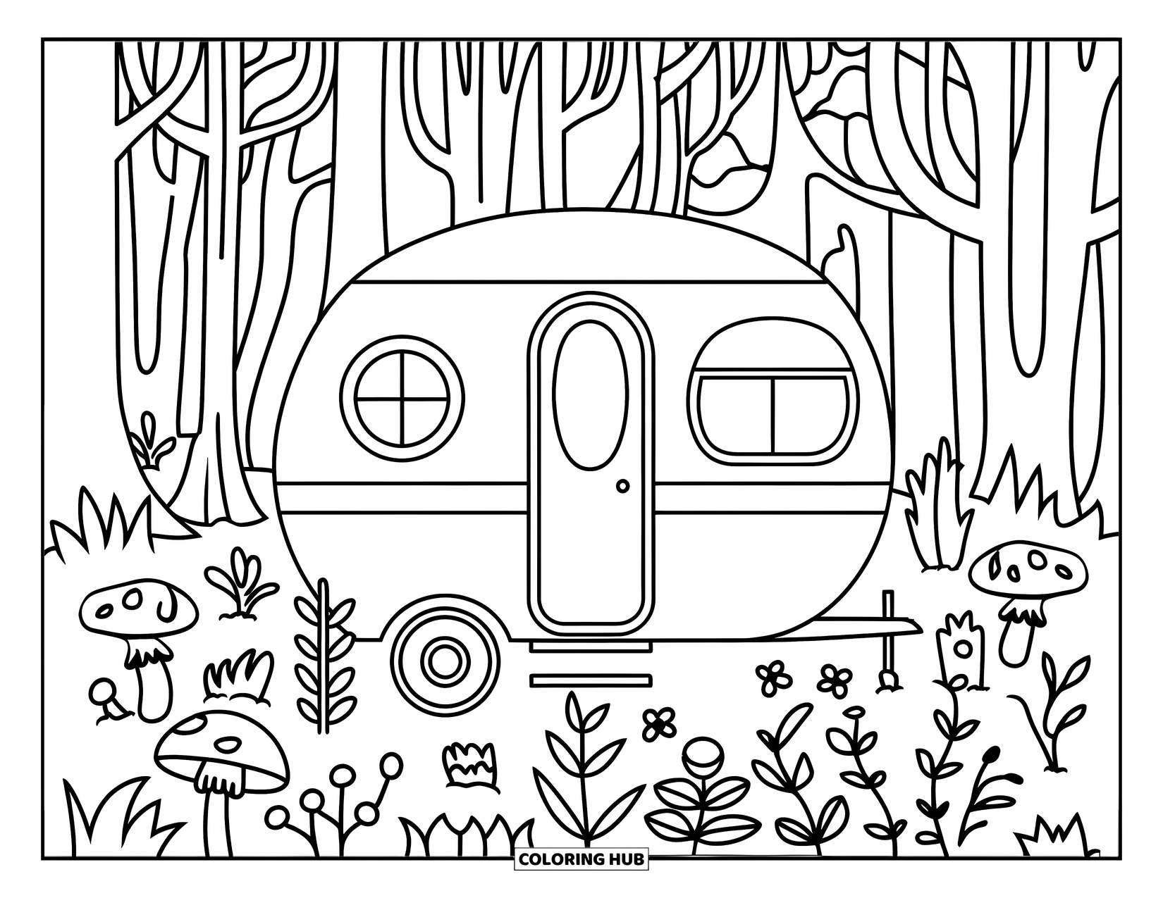 Camper Coloring Page for Kids: A round-window camper is nestled among mushrooms and forest plants