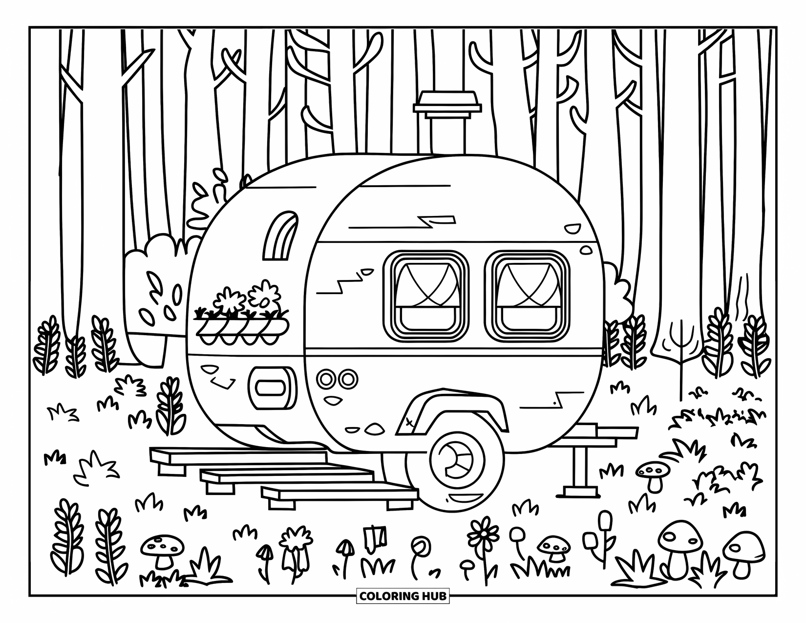 Camper Coloring Page for Kids: A tiny camper is surrounded by mushrooms and forest plants