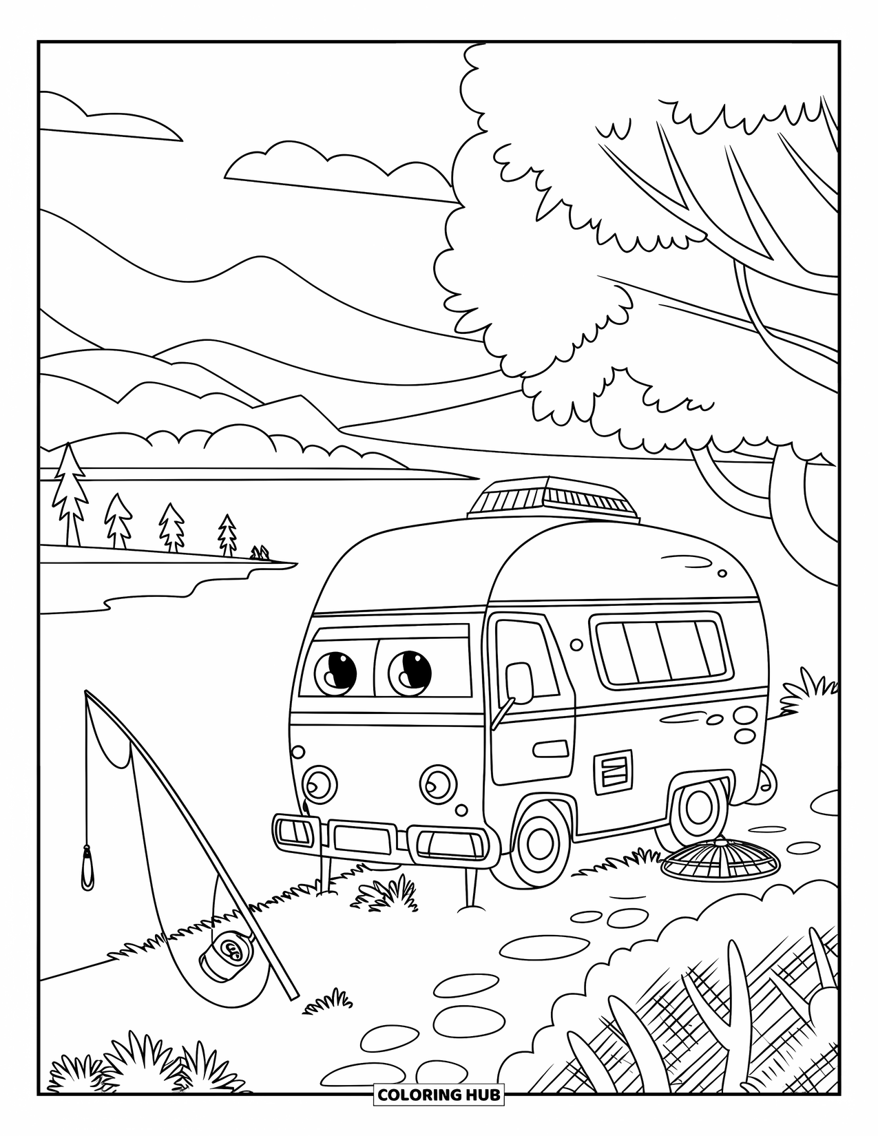 Camper Coloring Page for Kids: Fishing gear leans against a camper van parked by a peaceful lake
