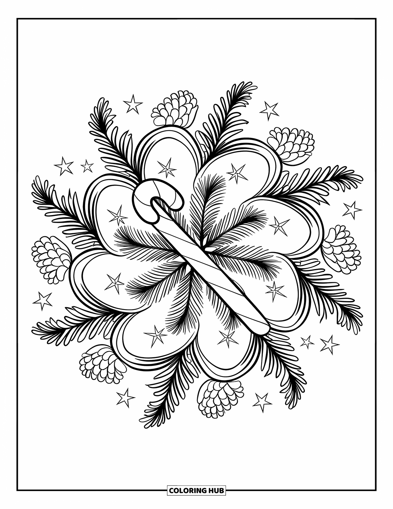 Candy Cane Coloring Page for Adults: A bold mandala of stars and pinecones surrounds a candy cane
