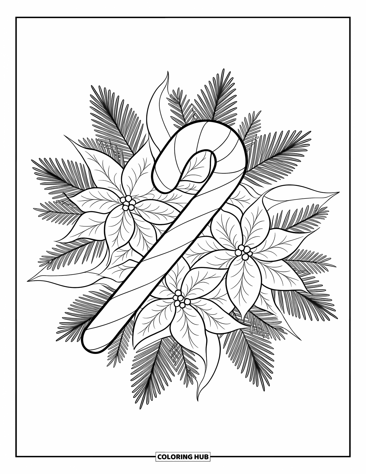Candy Cane Coloring Page for Adults: A botanical mandala of poinsettias surrounds a candy cane