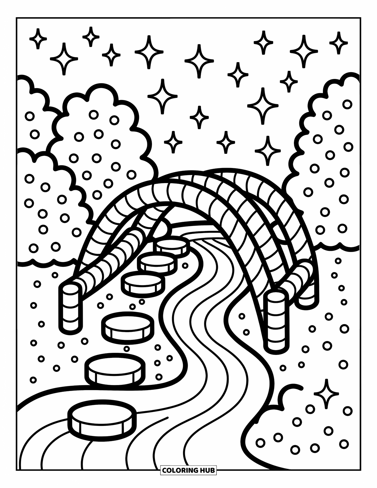 Candy Cane Coloring Page for Adults: A candy cane bridge crosses cocoa with marshmallow steps and snow-dusted bushes