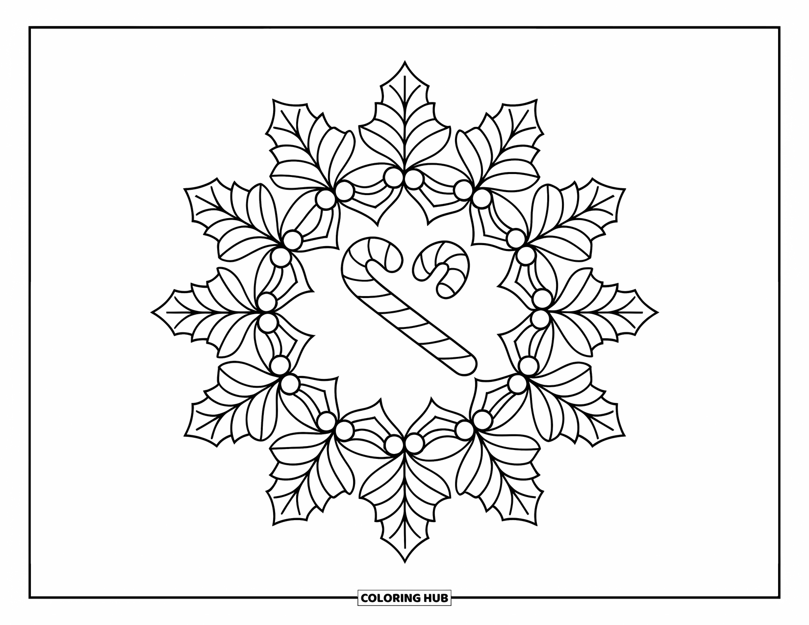 Candy Cane Coloring Page for Adults: A candy cane lies at the center of a mandala made from holly and mistletoe