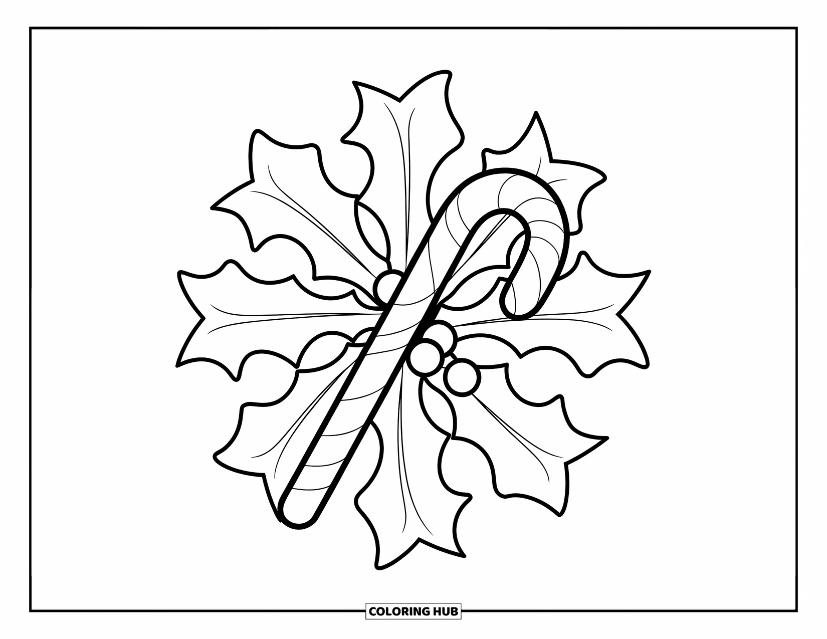 Candy Cane Coloring Page for Adults: A candy cane rests among holly and mistletoe-shaped mandala petals