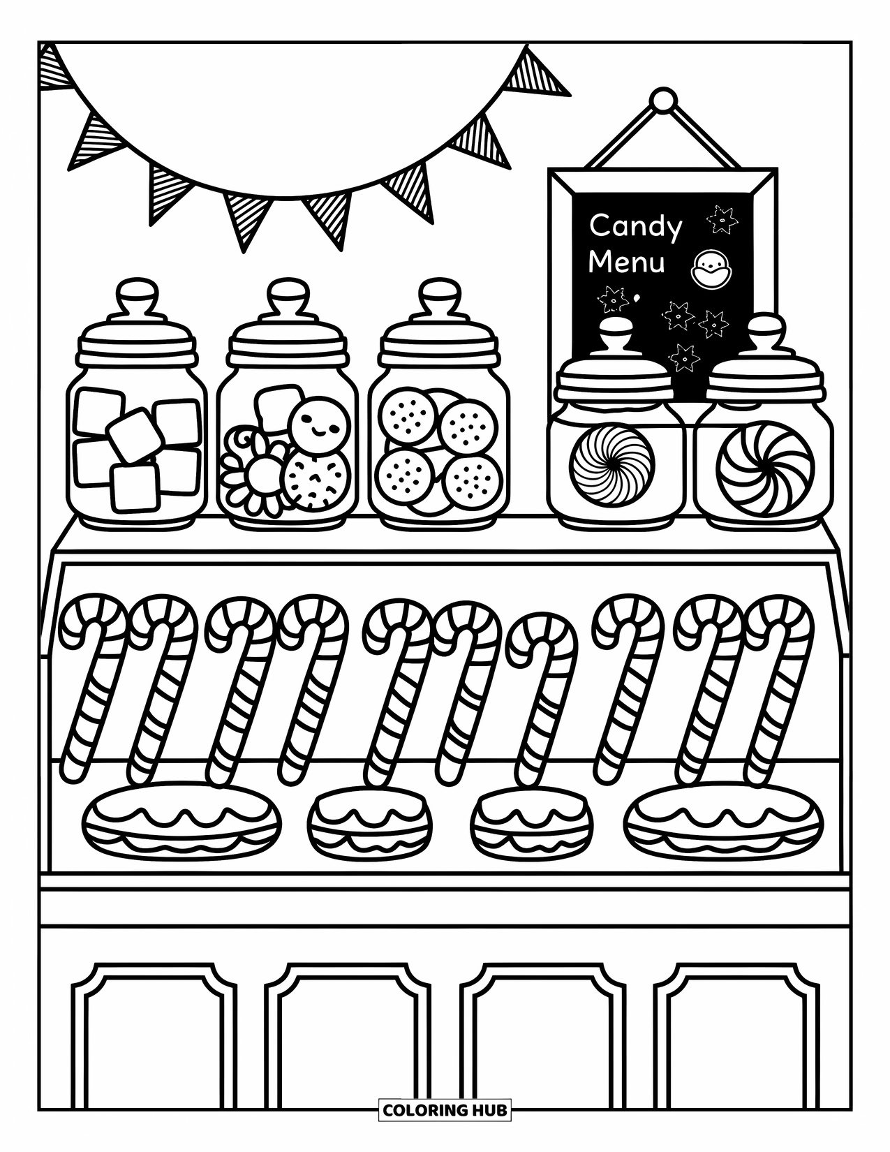 Candy Cane Coloring Page for Adults: A cozy display shows candy canes and jars of sweets under a doodled chalkboard
