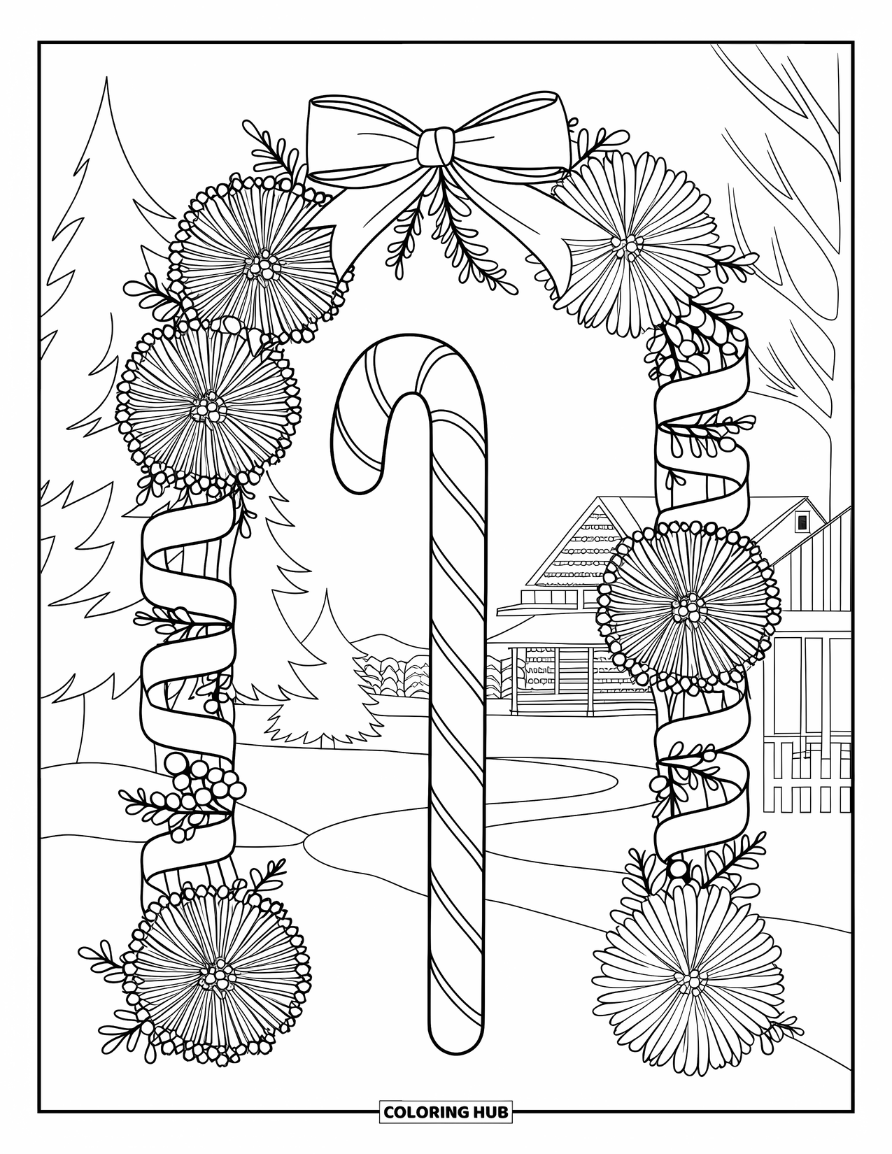 Candy Cane Coloring Page for Adults: A floral arch of winter blooms frames a candy cane in a peaceful setting