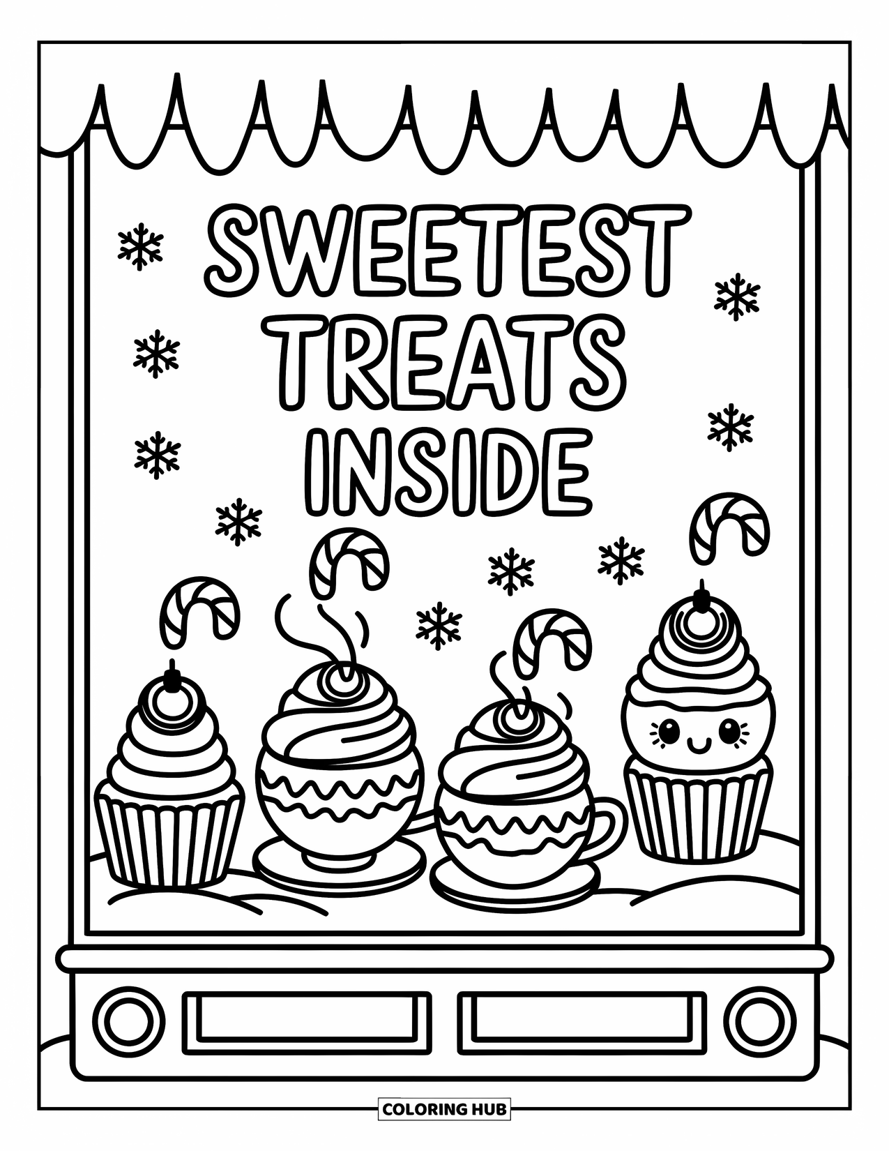 Candy Cane Coloring Page for Adults: A snowy cafÈ window displays candy cane treats, teacups, and cozy swirls of steam