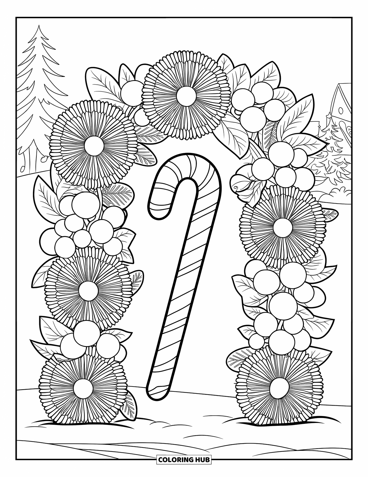 Candy Cane Coloring Page for Adults: A snowy floral arch of chrysanthemums and berries frames a candy cane