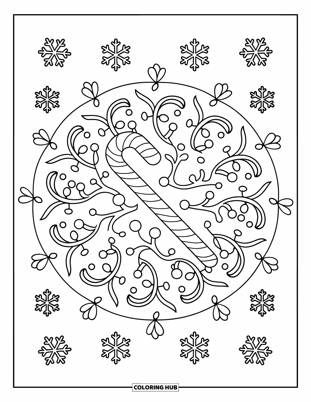 Candy Cane Coloring Page for Adults: A swirling mandala surrounds a candy cane with vines, berries, and snowflakes