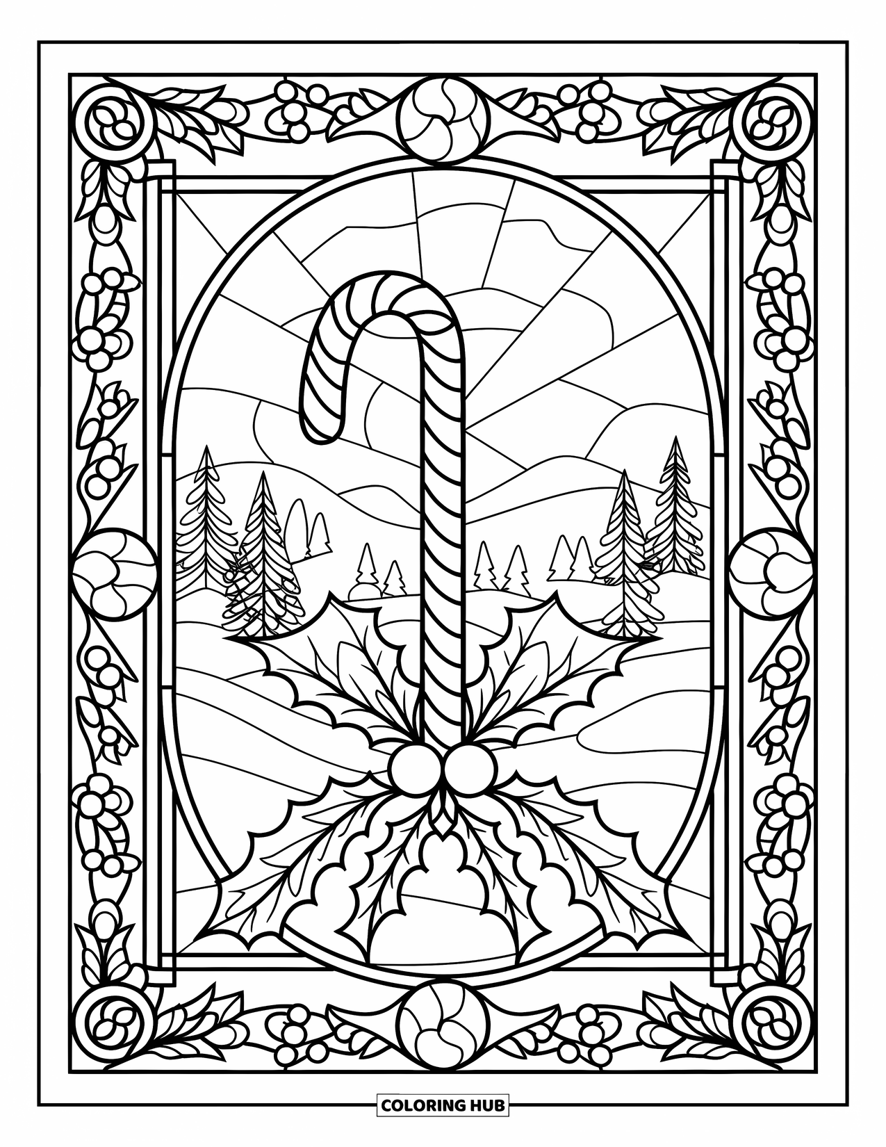 Candy Cane Coloring Page for Adults: A swirling stained-glass border with snowdrops frames a central candy cane