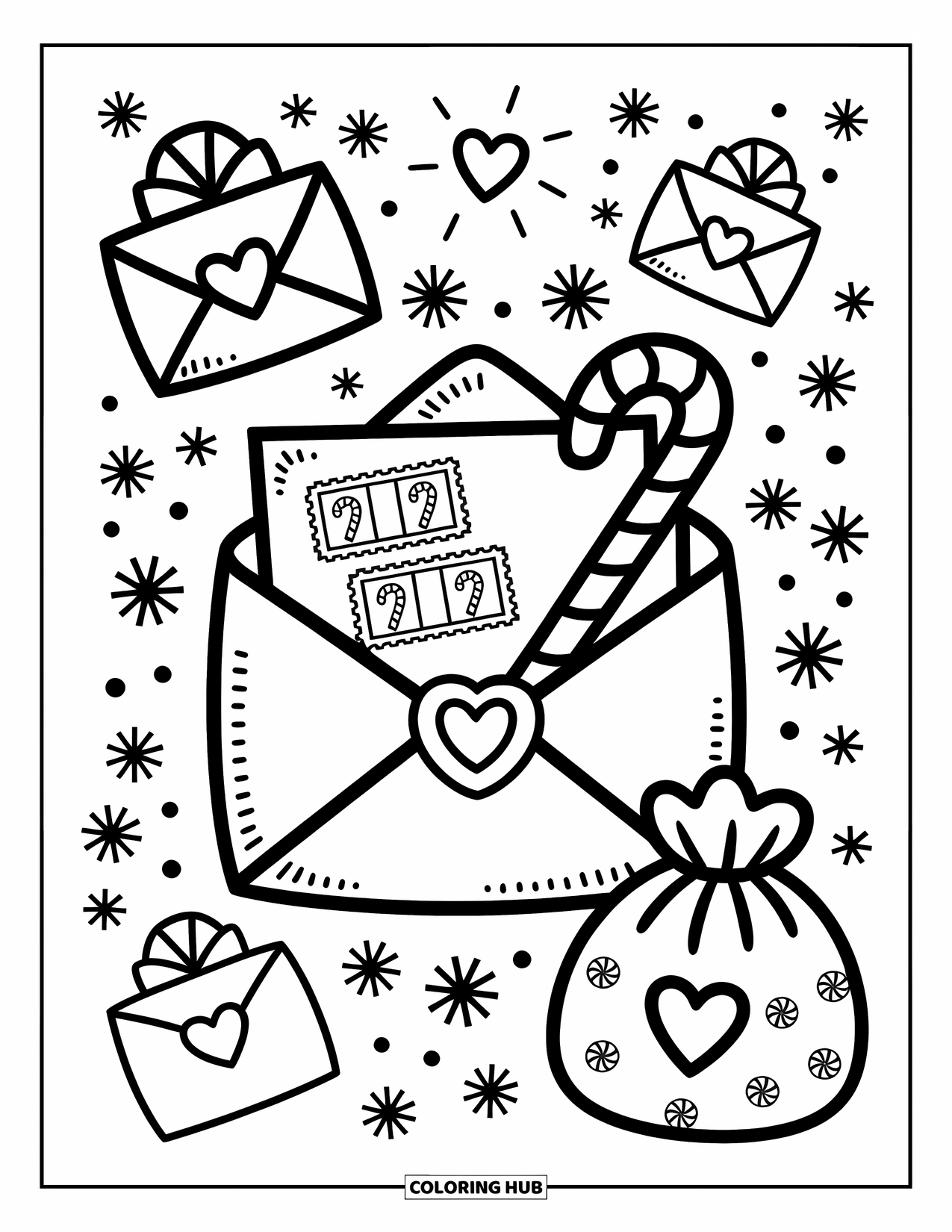 Candy Cane Coloring Page for Adults: Candy cane stamps and heart seals surround an envelope with wintery mail magic