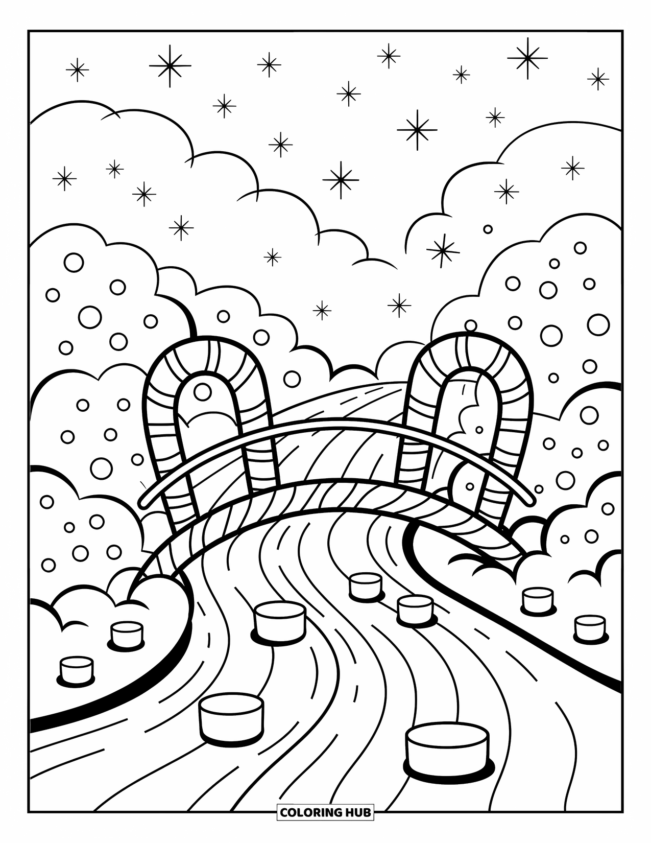 Candy Cane Coloring Page for Adults: Candy canes form a bridge over cocoa with marshmallow steps and snowy bushes nearby