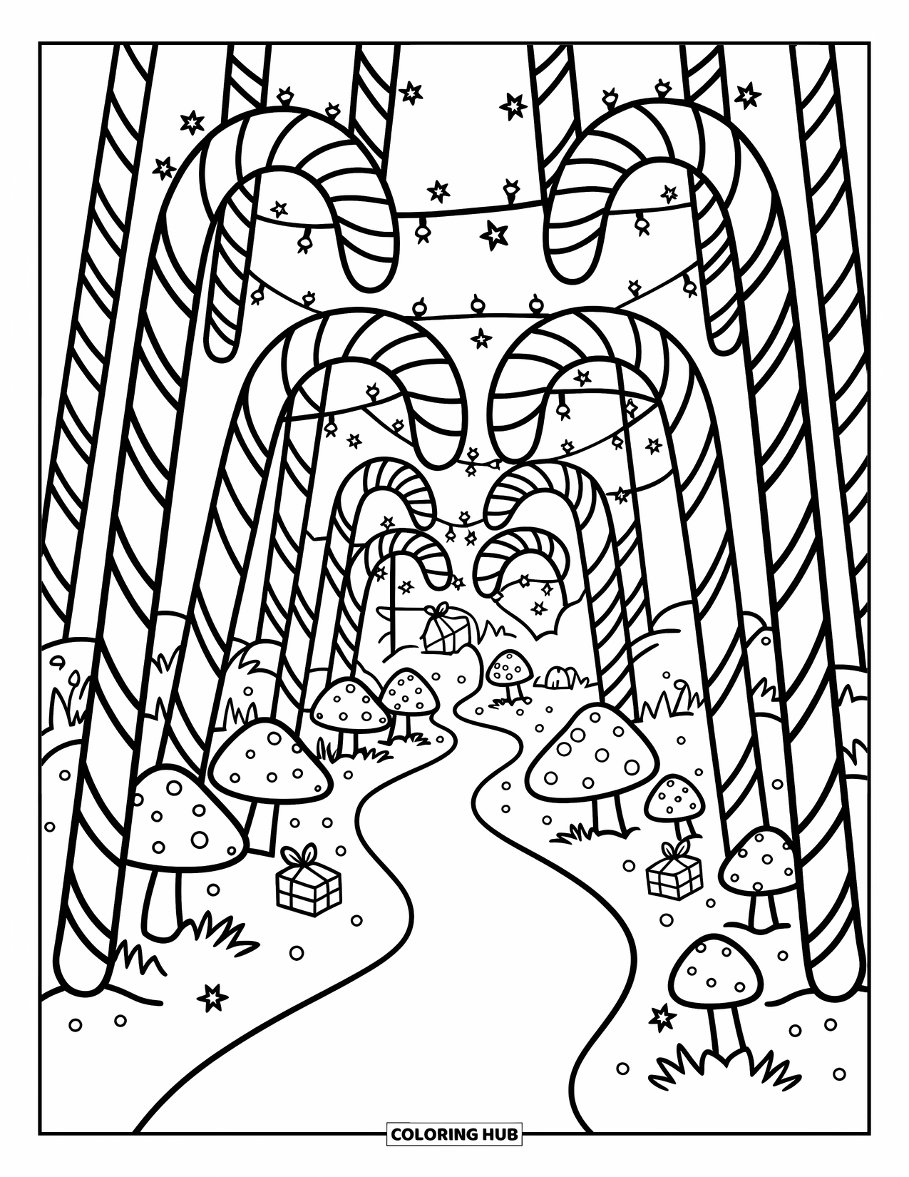 Candy Cane Coloring Page for Adults: Candy canes grow like trees in snow with mushrooms, gifts, and twinkling lights