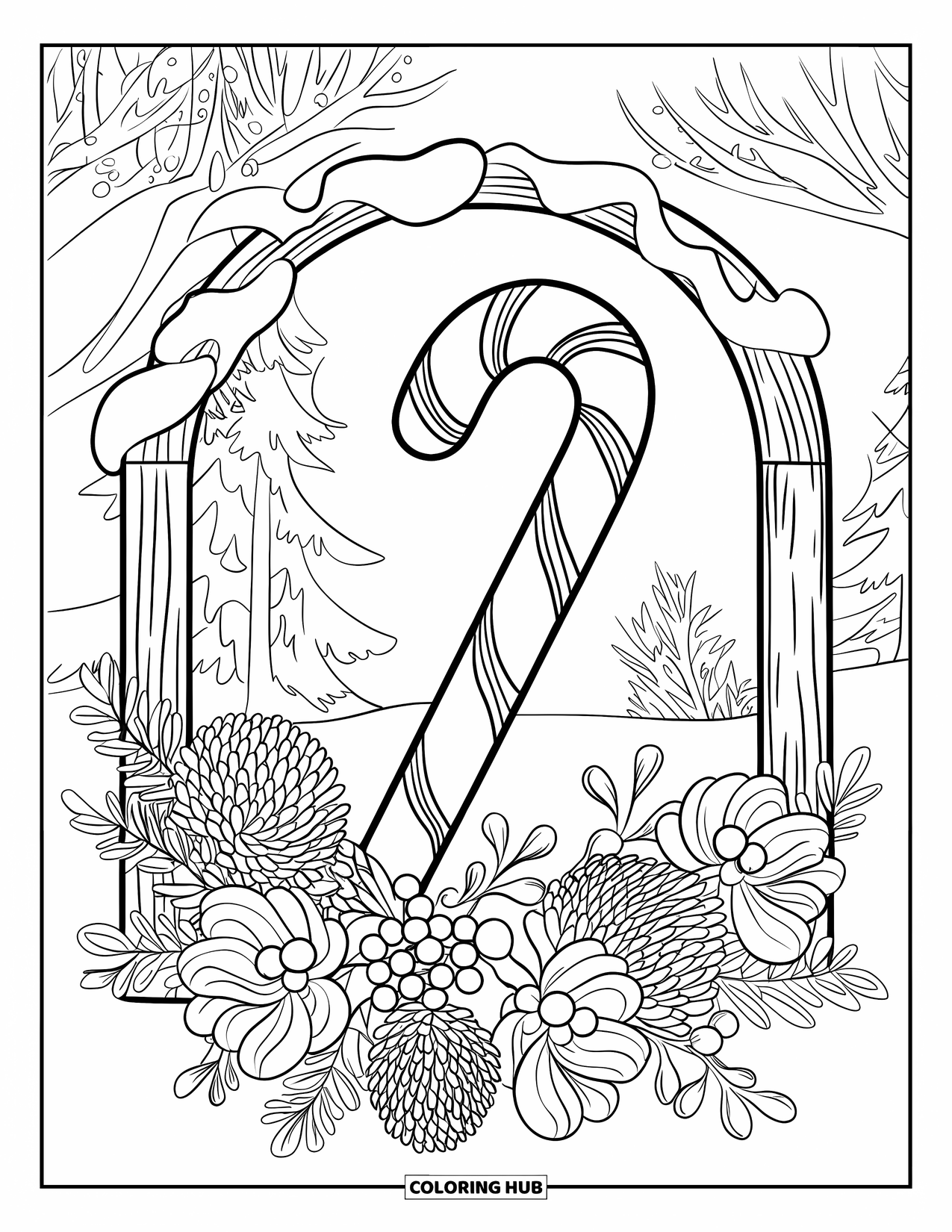 Candy Cane Coloring Page for Adults: Chrysanthemums and mistletoe arch over a candy cane in a snowy floral scene