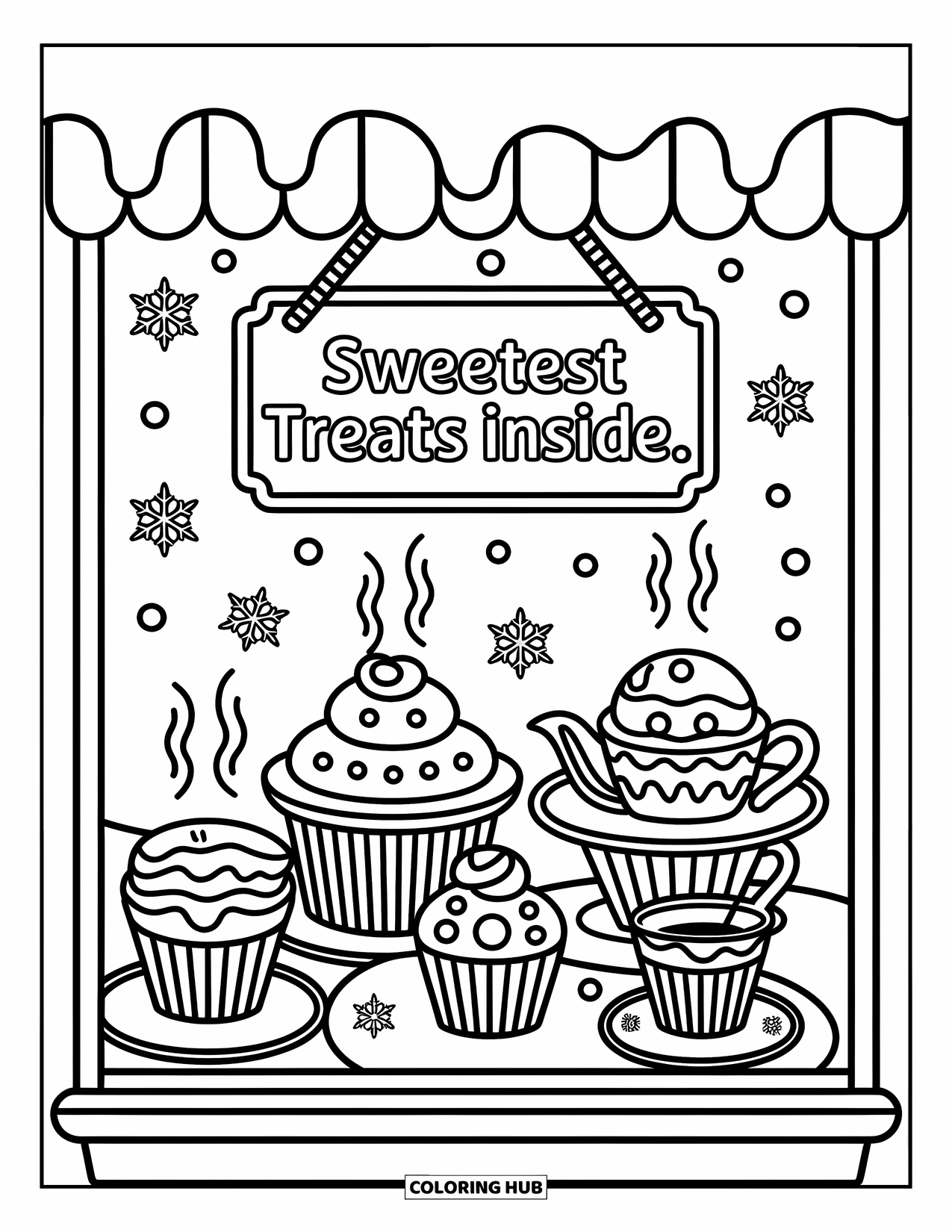 Candy Cane Coloring Page for Adults: Cupcakes and candy canes fill a cozy cafÈ window with snowflake stickers and steam