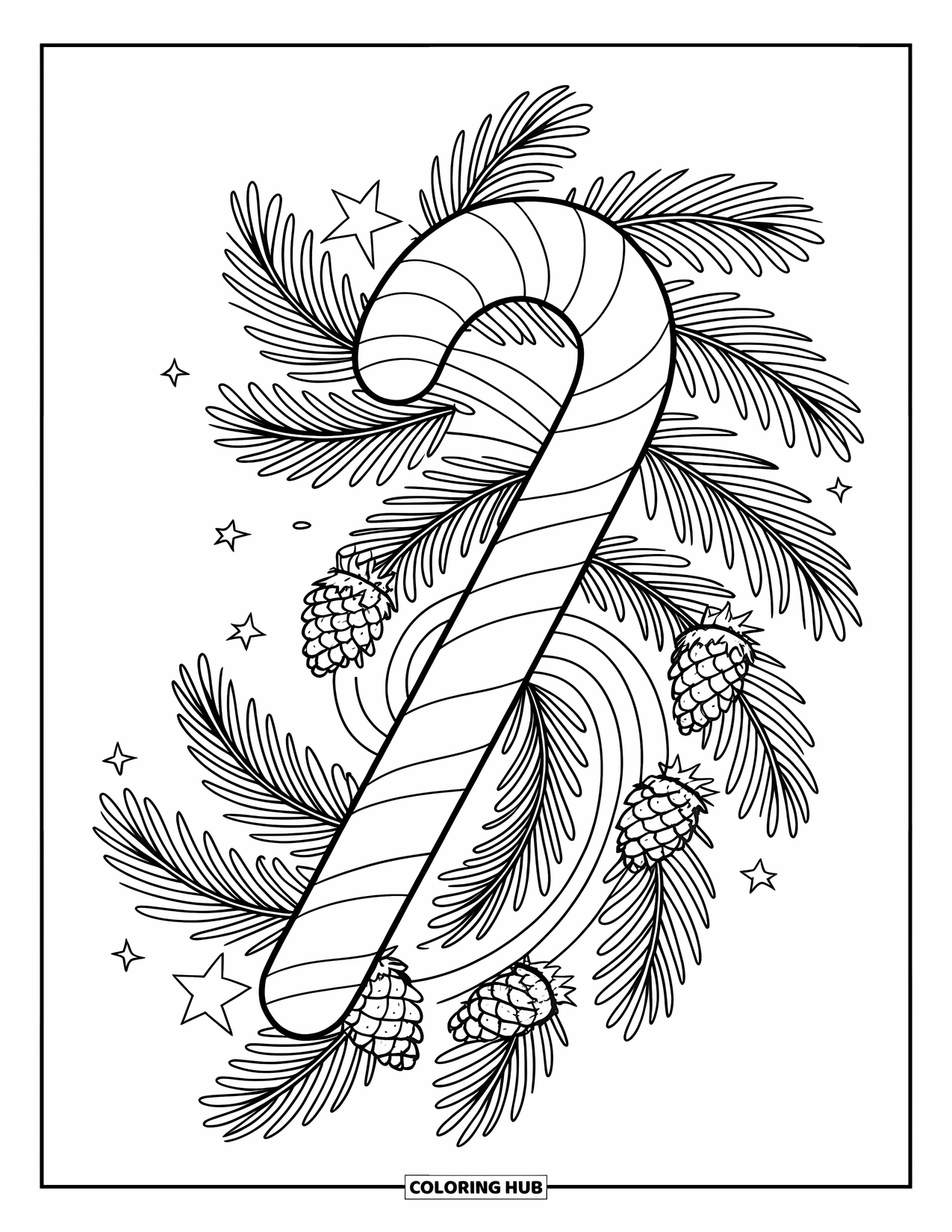 Candy Cane Coloring Page for Adults: Fir branches and stars spiral around a candy cane in a swirling mandala