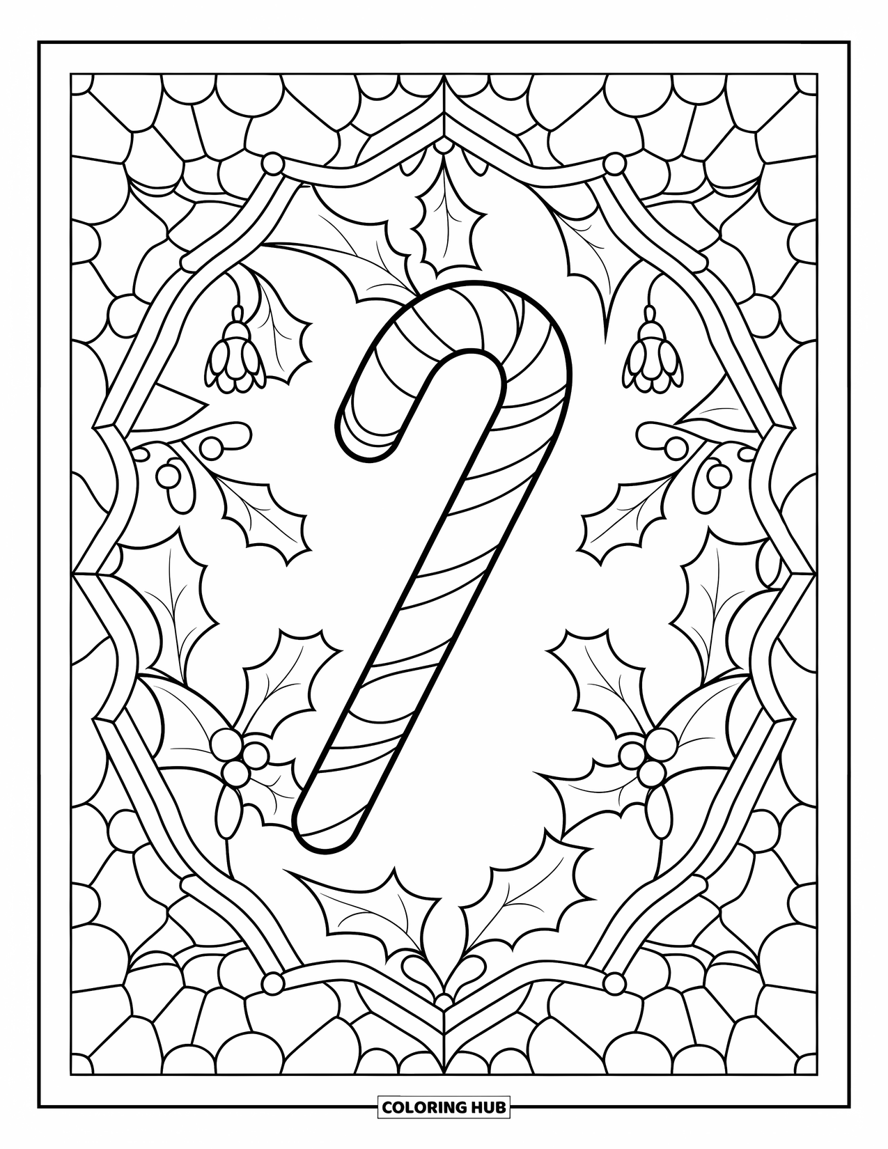 Candy Cane Coloring Page for Adults: Holly leaves and snowdrops wrap around a candy cane in a stained-glass frame