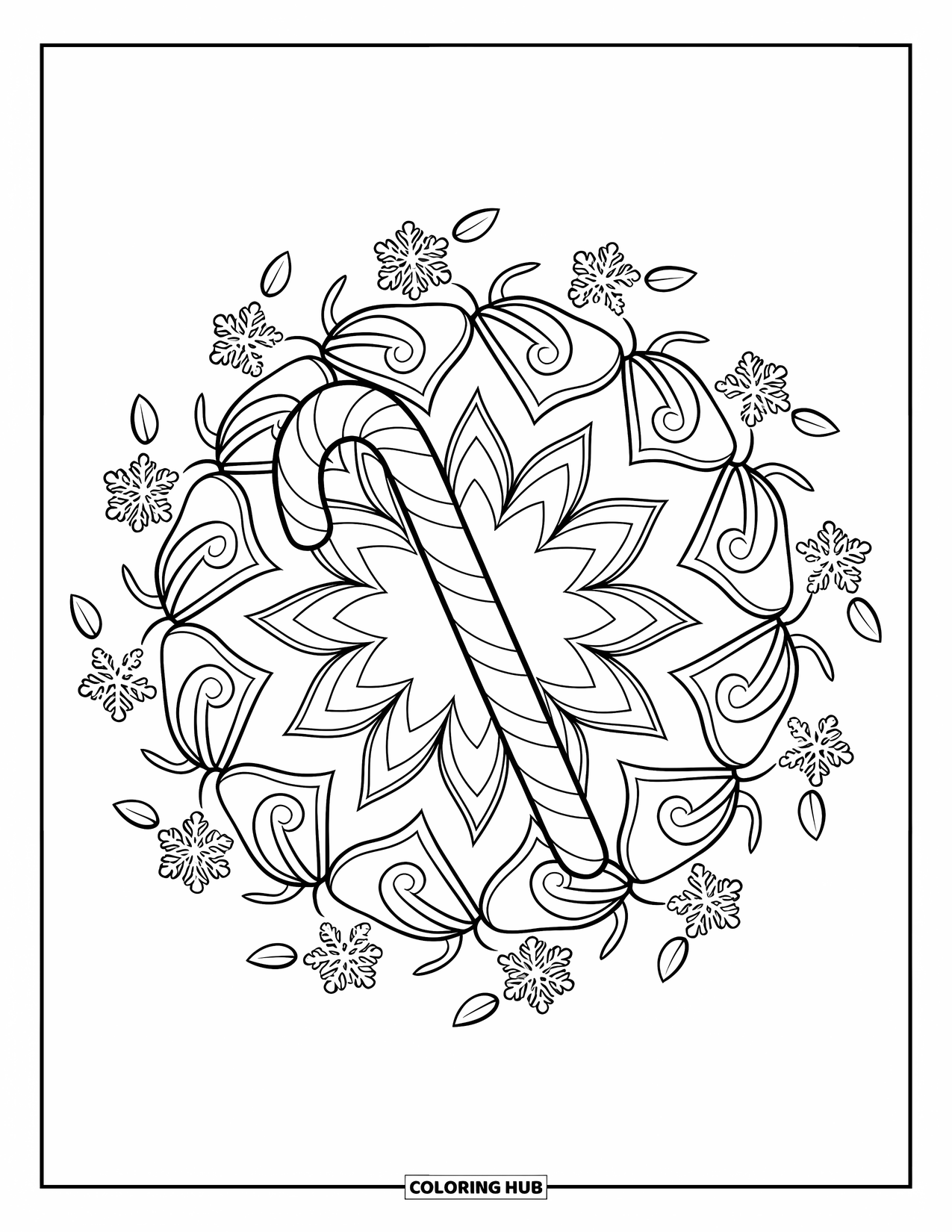 Candy Cane Coloring Page for Adults: Snowflakes and vines swirl around a candy cane inside a detailed star mandala