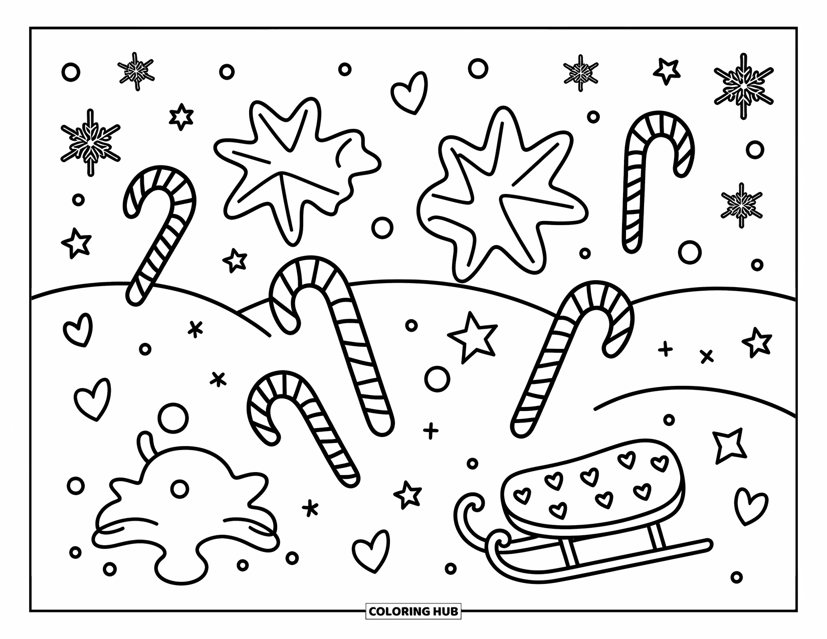 Candy Cane Coloring Page for Adults: Snowy candy canes and angel shapes fill the scene with stars, hearts, and swirls