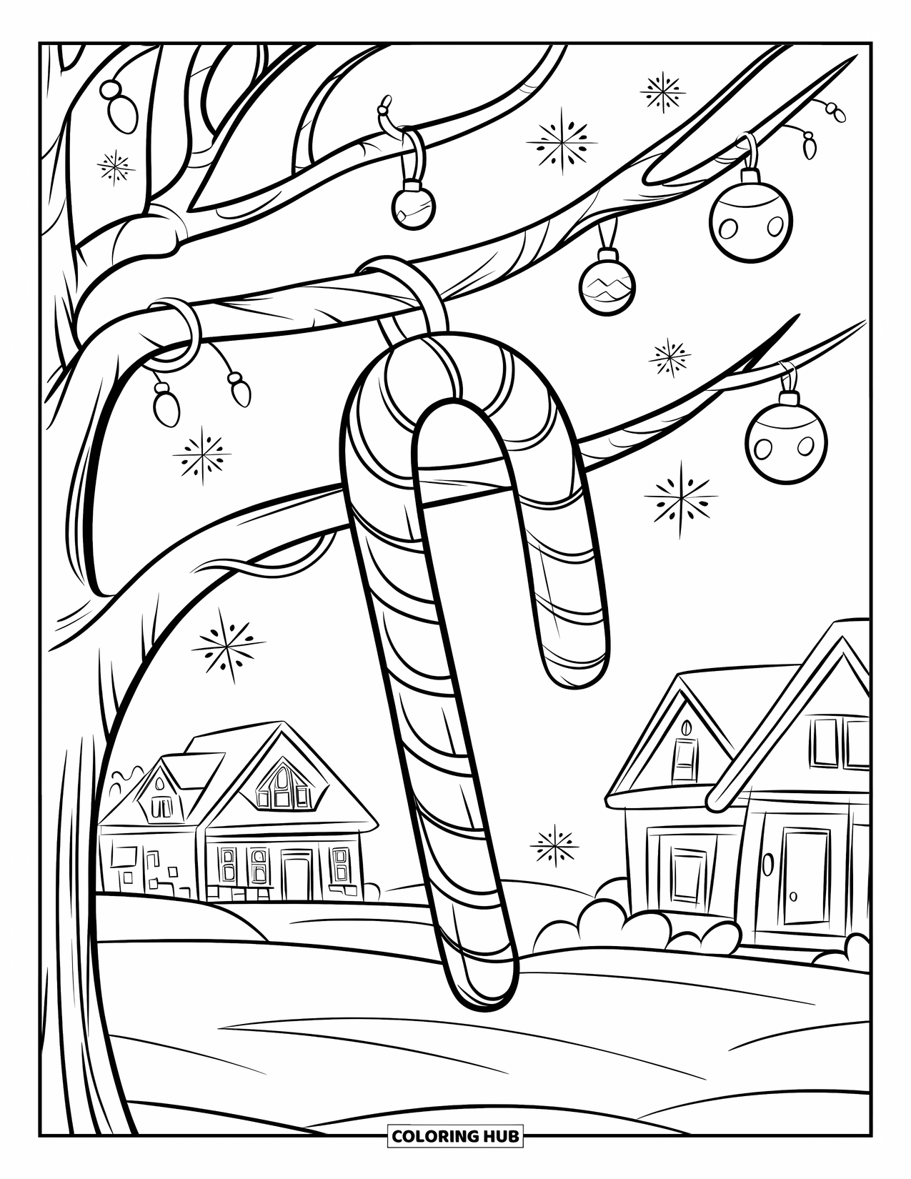 Candy Cane Coloring Page for Kids: A candy cane dangles from a tree branch with lights and distant snowy houses