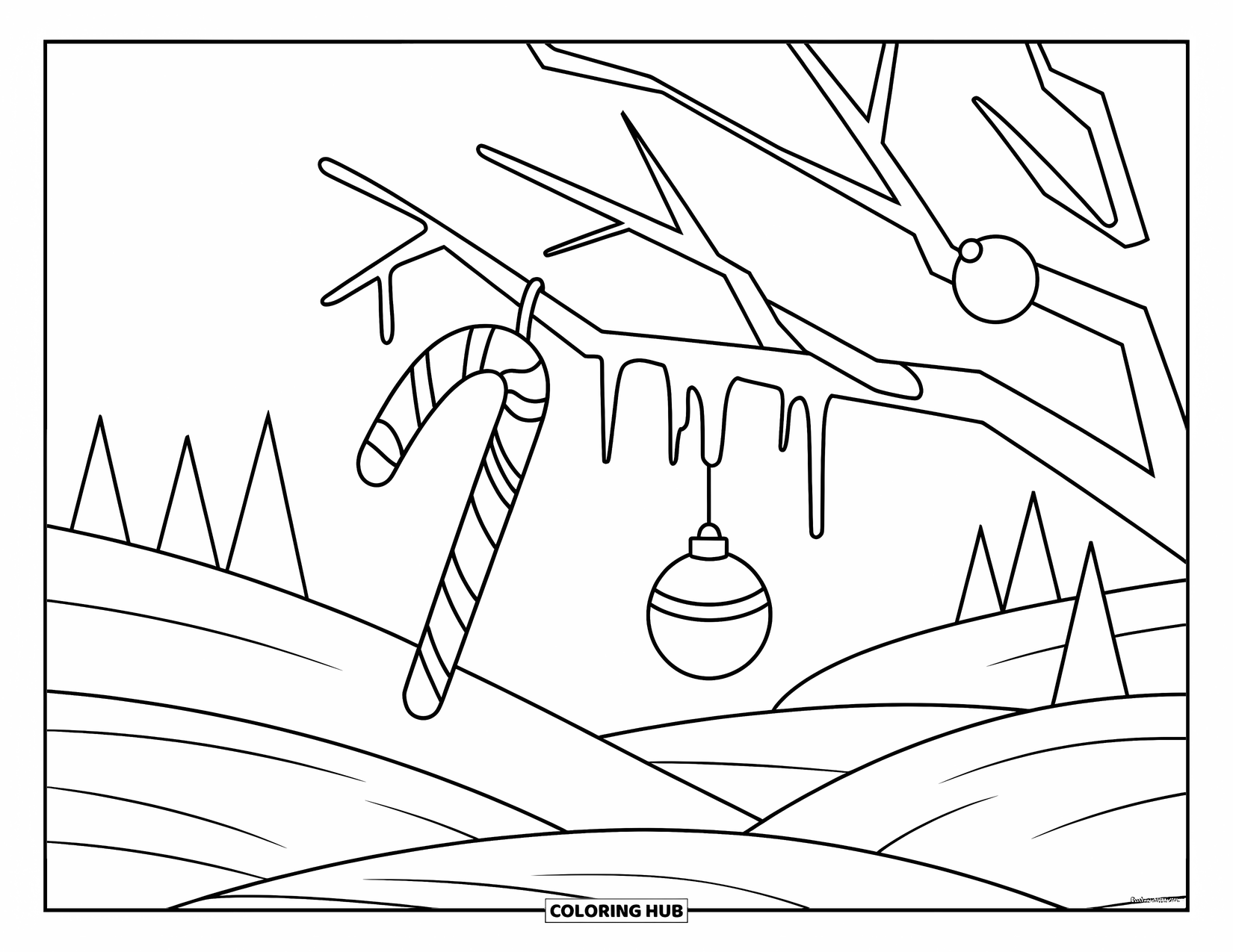 Candy Cane Coloring Page for Kids: A candy cane hangs from a branch with icicles and one round ornament
