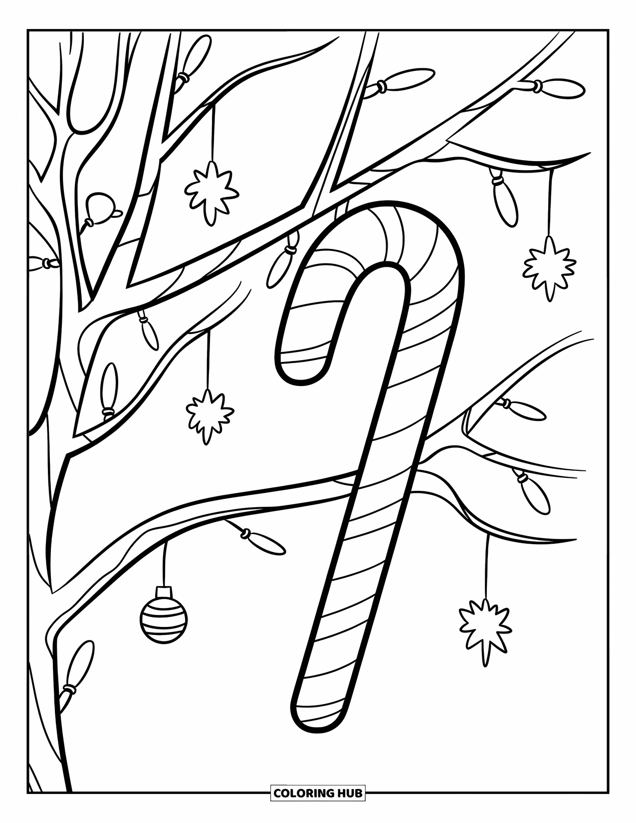 Candy Cane Coloring Page for Kids: A candy cane hangs from a tree branch with lights and ornaments