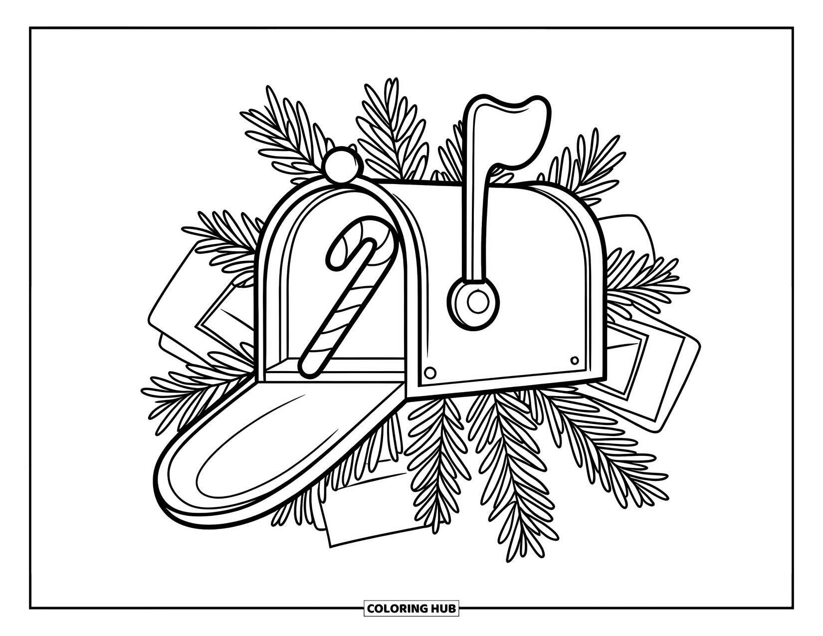 Candy Cane Coloring Page for Kids: A candy cane peeks from a mailbox surrounded by cards and holiday greenery
