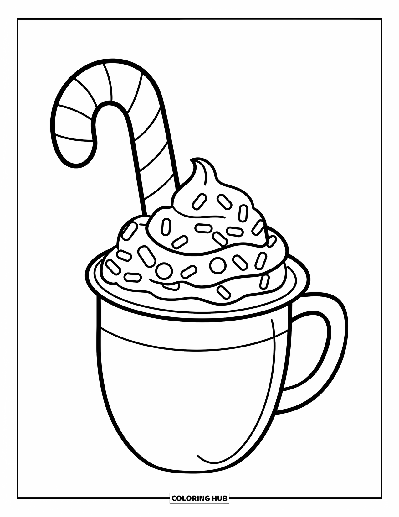 Candy Cane Coloring Page for Kids: A candy cane peeks out from a mug topped with whipped cream and sprinkles