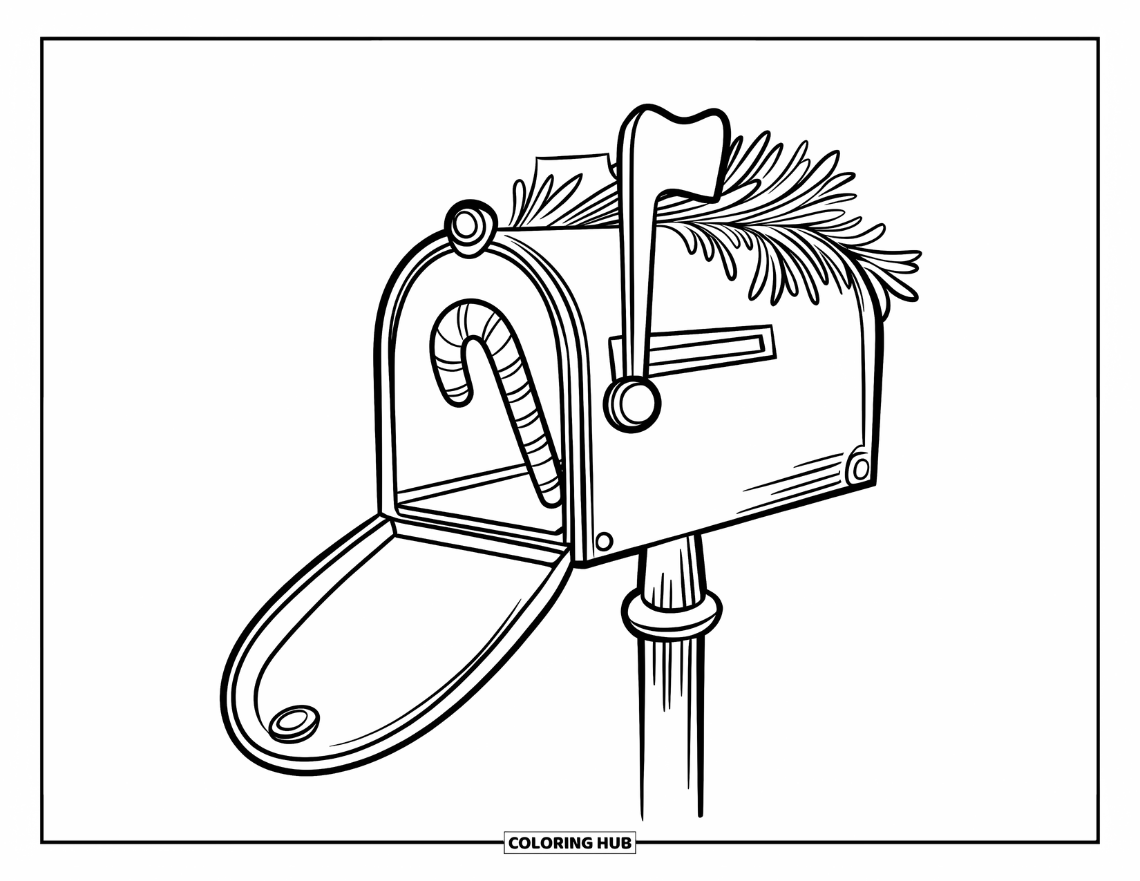 Candy Cane Coloring Page for Kids: A candy cane rests inside a mailbox with winter greenery and greeting cards on top