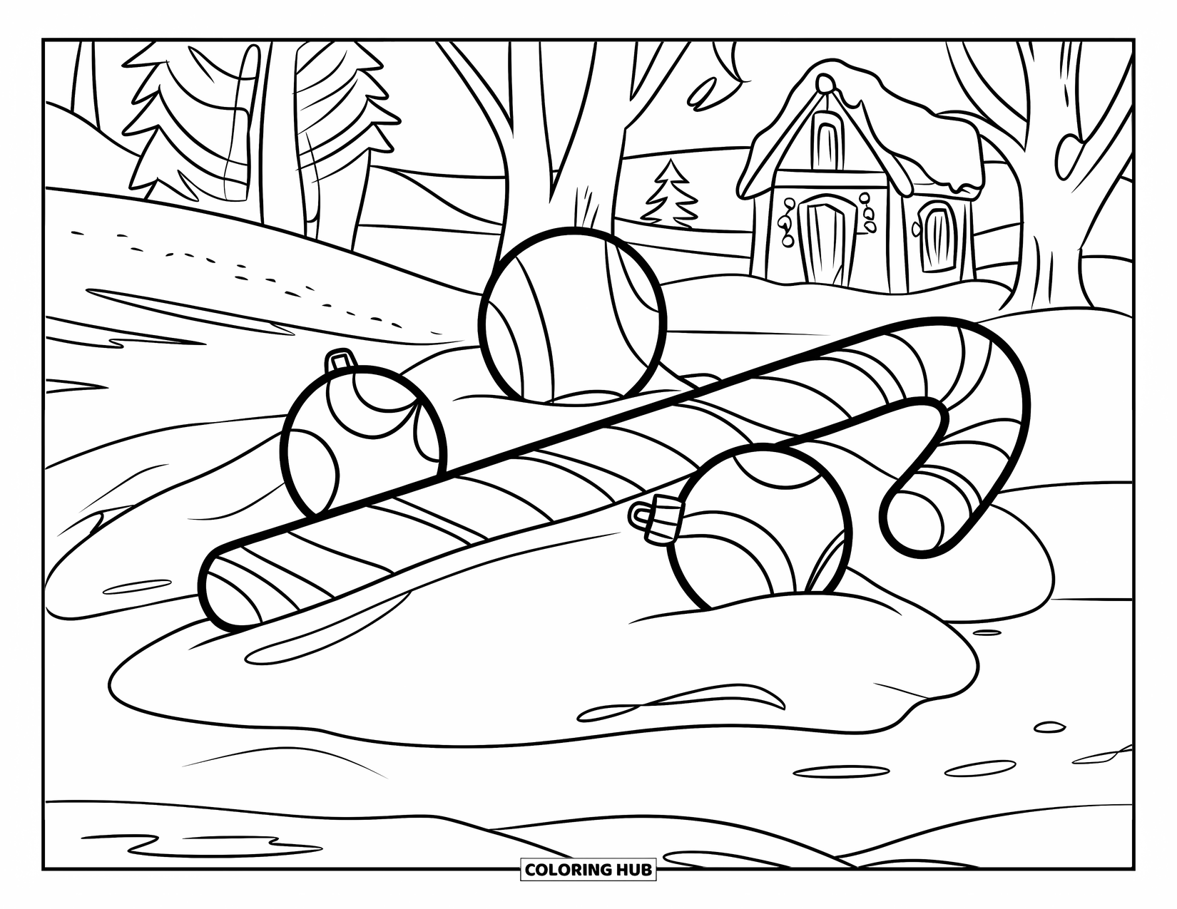 Candy Cane Coloring Page for Kids: A candy cane rests on a snowy mound with three round ornaments nearby