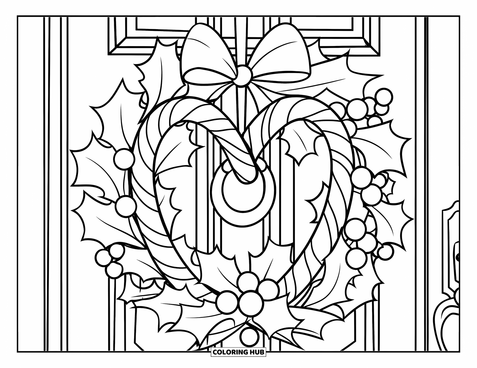 Candy Cane Coloring Page for Kids: A candy cane twisted into a heart decorates a wreath hanging on a front door
