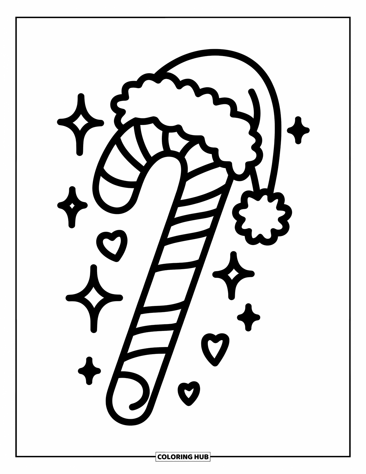 Candy Cane Coloring Page for Kids: A candy cane wearing a Santa hat stands surrounded by sparkles, stars, and hearts