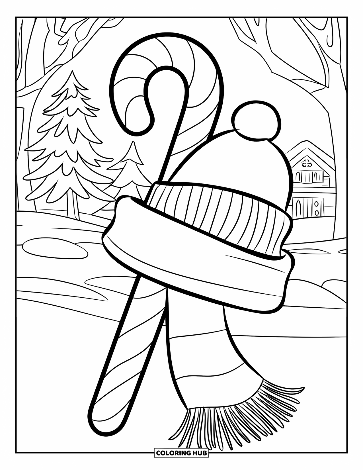 Candy Cane Coloring Page for Kids: A candy cane wears a scarf and hat, standing in snow with trees and a house