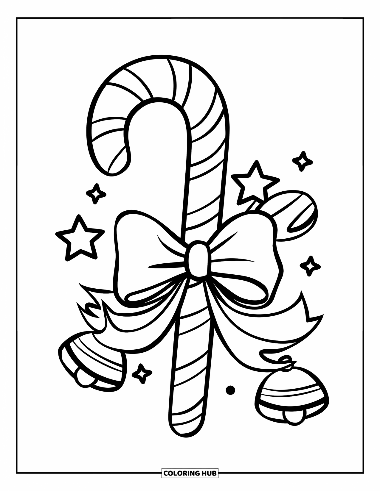 Candy Cane Coloring Page for Kids: A candy cane with a big bow stands tall, surrounded by stars and jingle bells