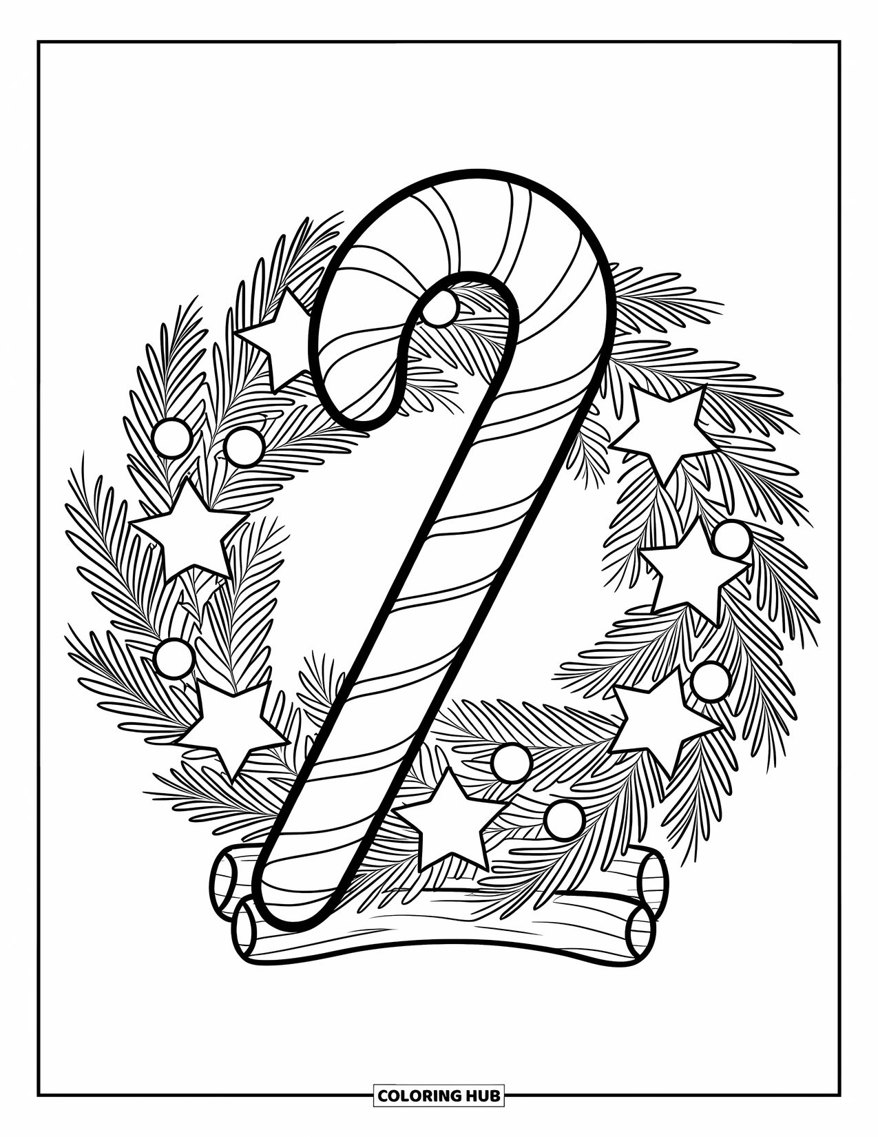Candy Cane Coloring Page for Kids: A candy cane with a green hook sits in a festive wreath on a stand