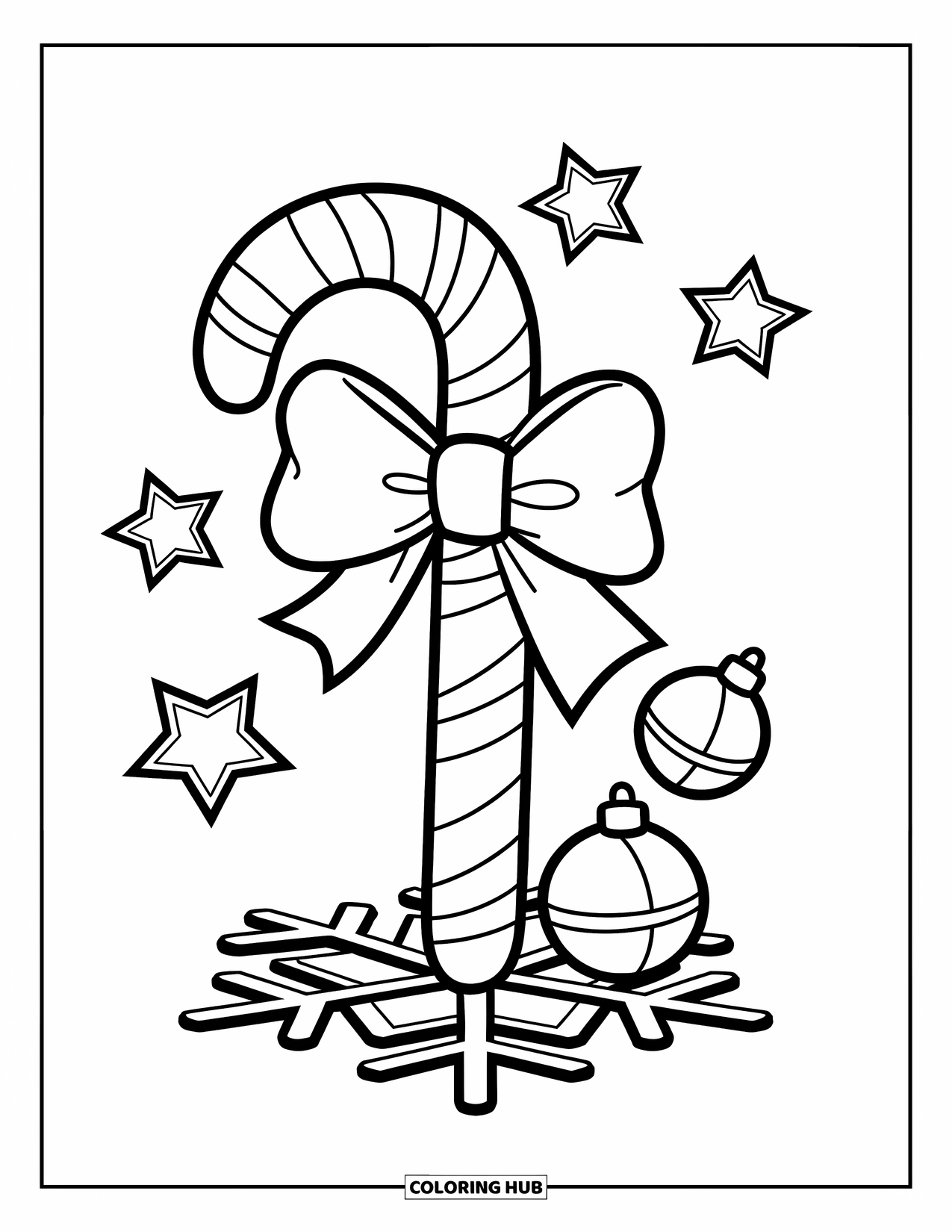 Candy Cane Coloring Page for Kids: A festive candy cane with a bow sits on a snowflake with stars and bells nearby