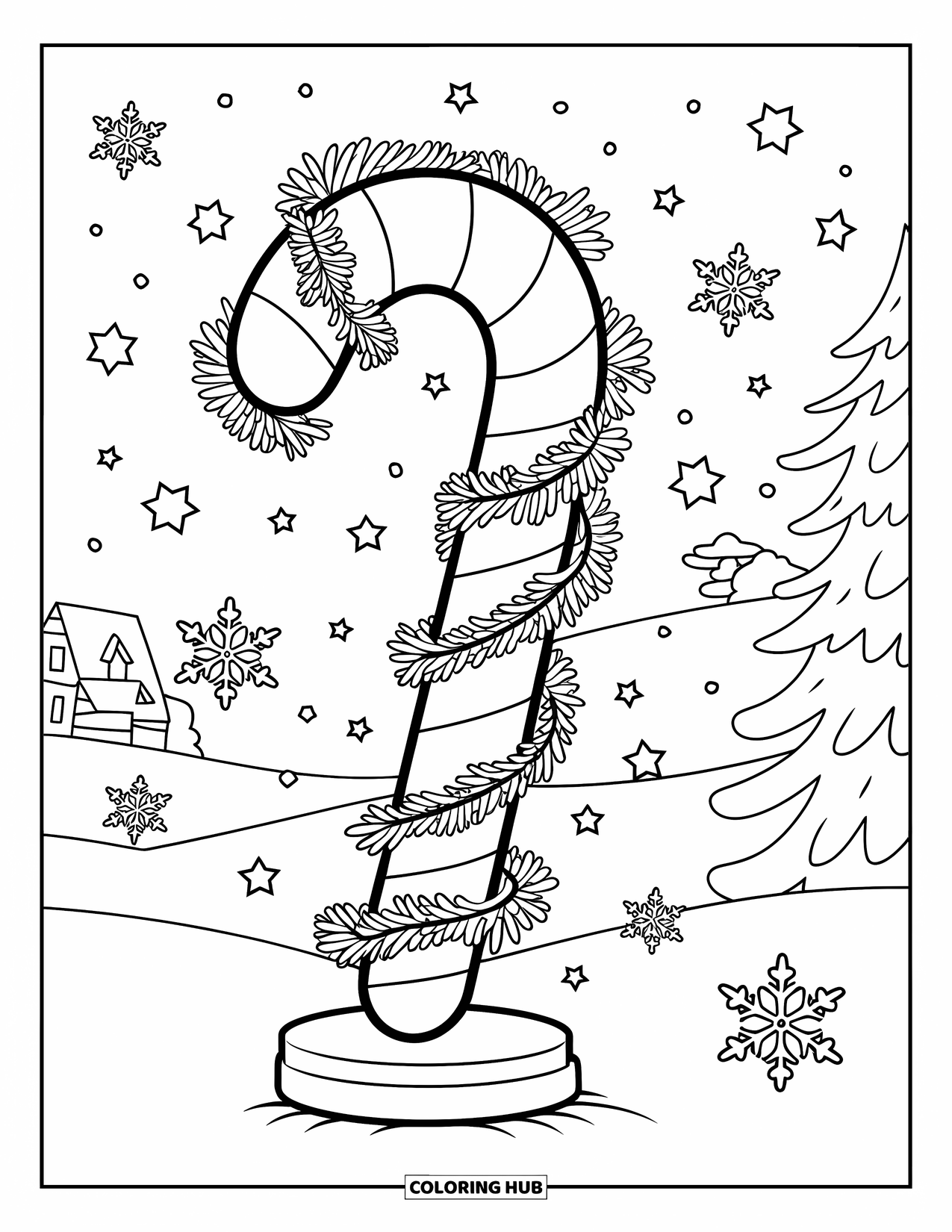 Candy Cane Coloring Page for Kids: A festive candy cane wrapped in garland stands on a snowy field near trees