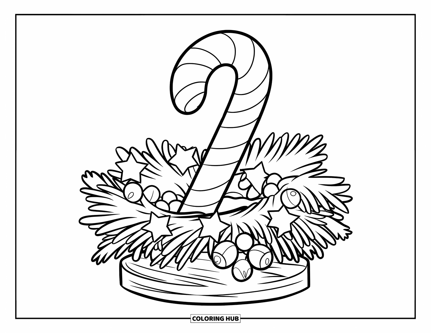 Candy Cane Coloring Page for Kids: A festive wreath with stars and bells holds a candy cane on a wooden base