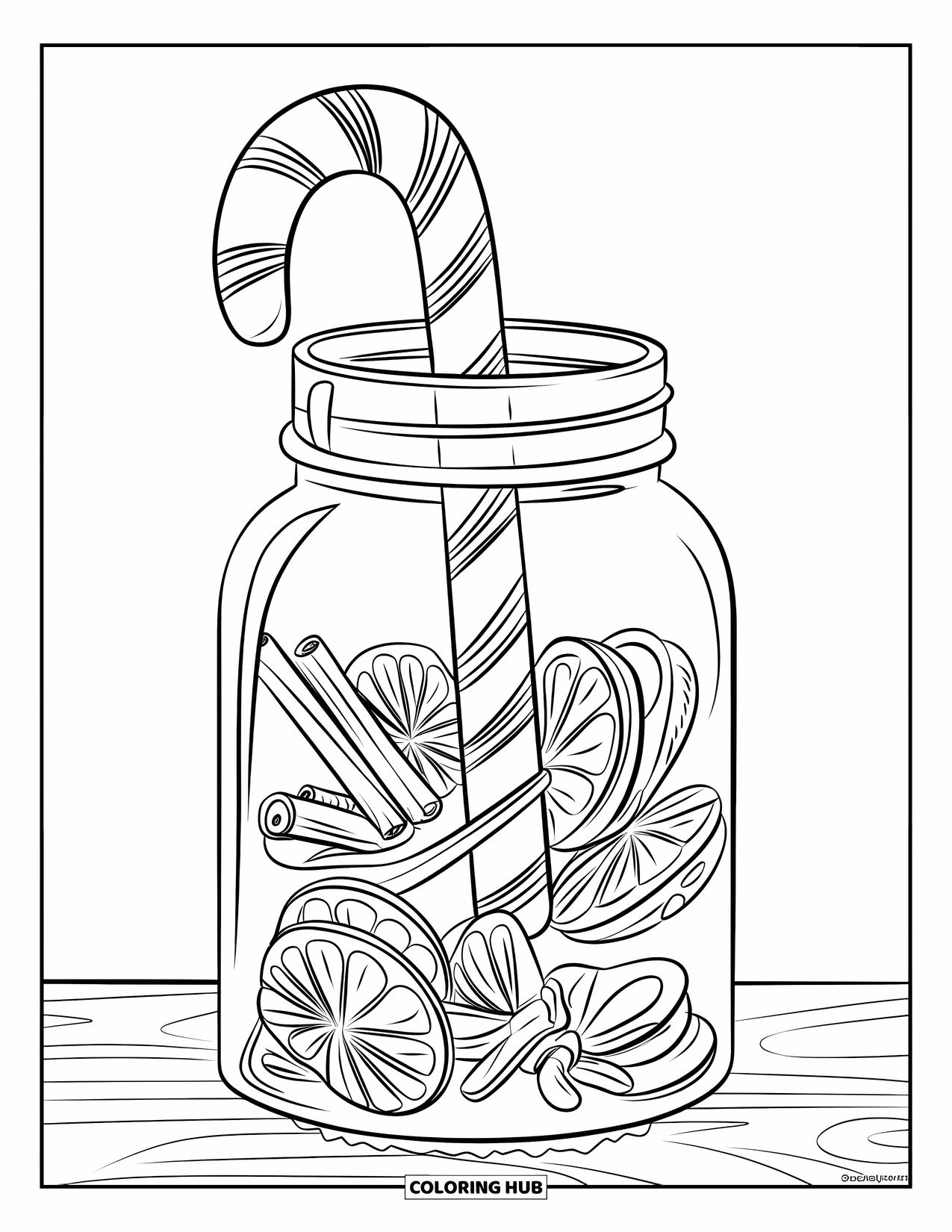 Candy Cane Coloring Page for Kids: A jar on a wooden surface holds a candy cane with cinnamon and orange slices