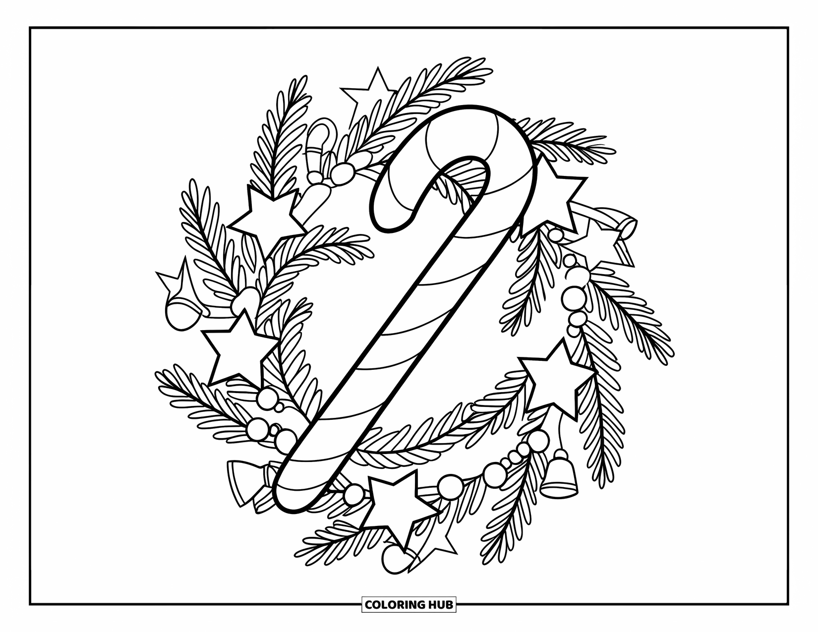 Candy Cane Coloring Page for Kids: A red-striped candy cane decorates a wreath filled with stars, fir branches, and bells