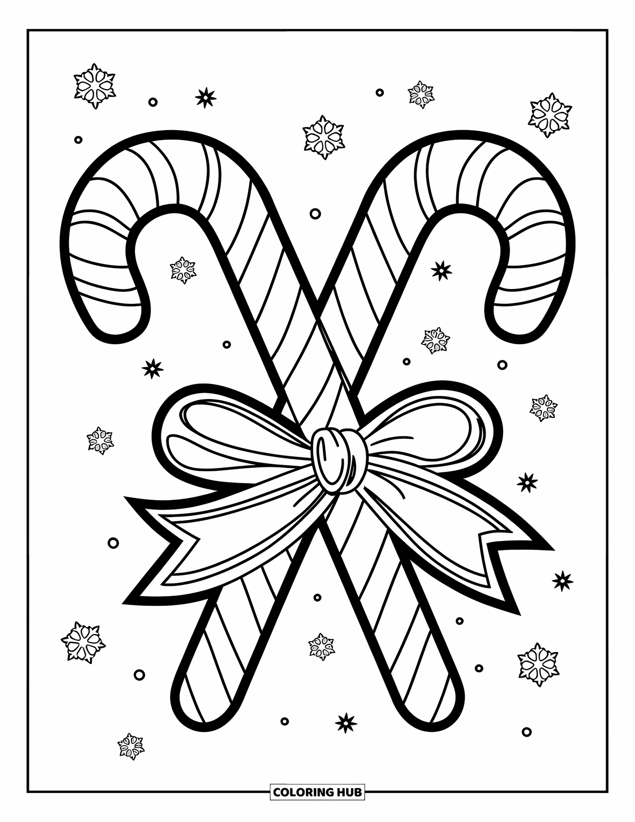 Candy Cane Coloring Page for Kids: A ribbon wraps around two crossed candy canes with tiny snowflakes all around